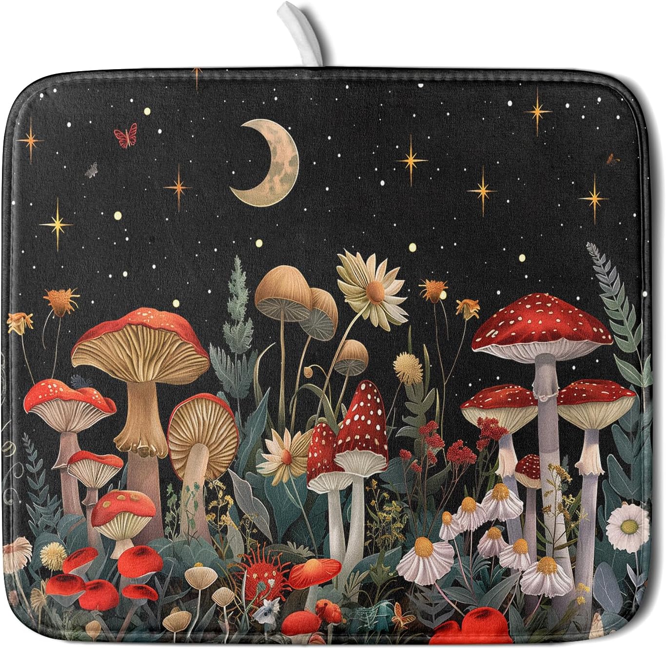 Black Mushroom Dish Drying Mat for Kitchen Counter Leaves Botanical Microfiber Dish Rack Mat Drainer Pad Washable Absorbent Dry Mat 16x18 Inch