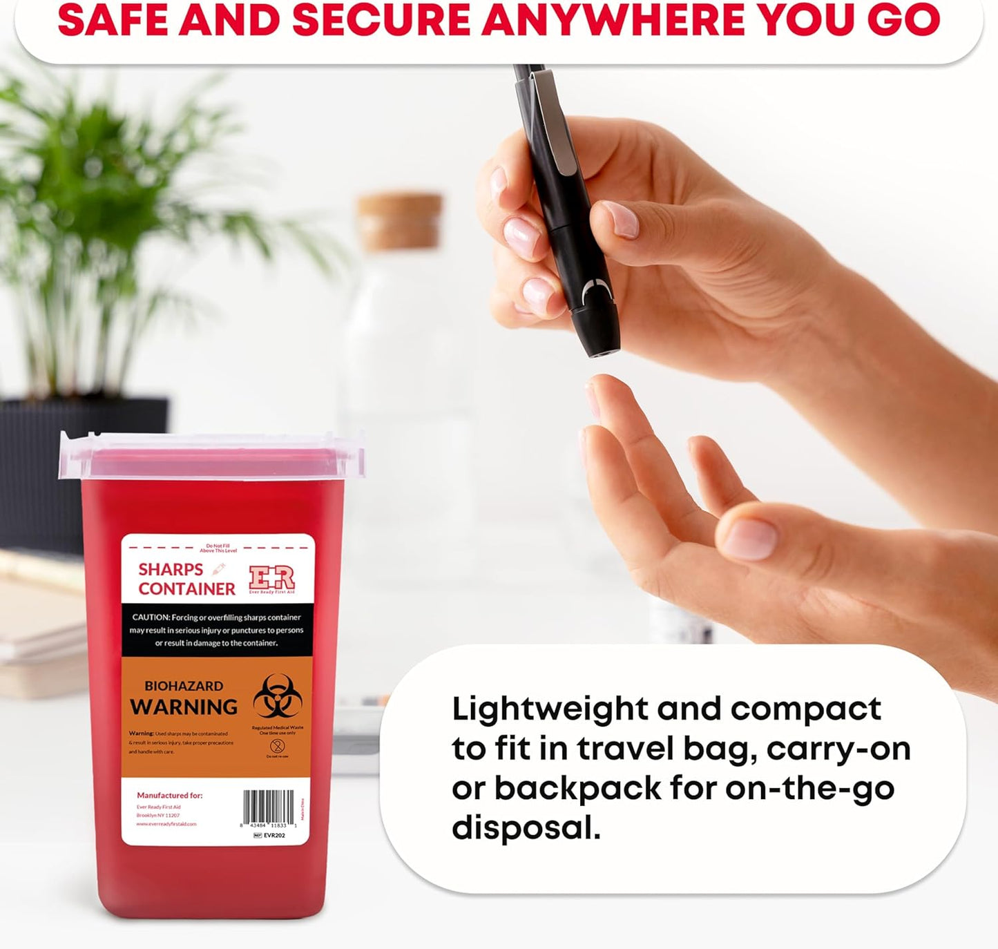 Ever Ready First Aid Sharps Container with Split Lid Design and Locking Mechanism for Sharp Waste Disposal, 1 Quart - 6 Count