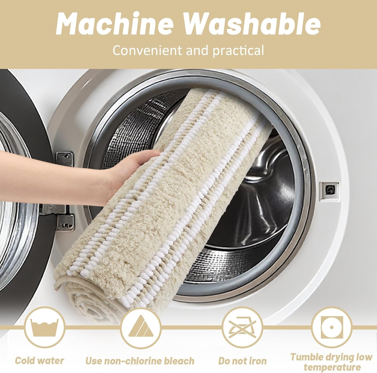 Bathroom Rugs 17x24 Extra Soft Absorbent Bath Mat Chenille Non Slip Shower Mat Rubber Backing Machine Washable Bath Mats for Bathroom Shaggy Khaki Bath Rugs for Tub, Hallway