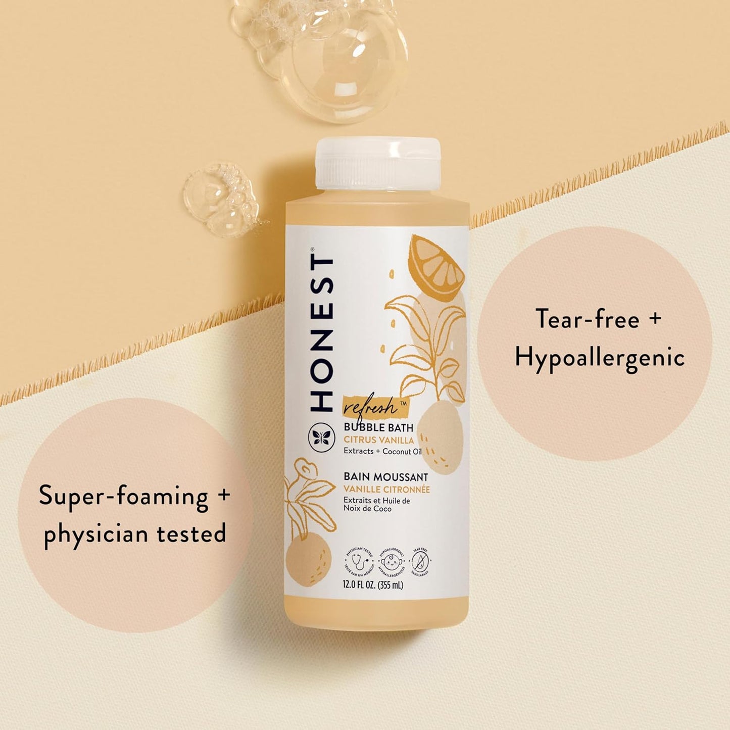 The Honest Company Foaming Bubble Bath | Gentle for Baby | Naturally Derived, Tear-free, Hypoallergenic | Citrus Vanilla Refresh, 12 fl oz