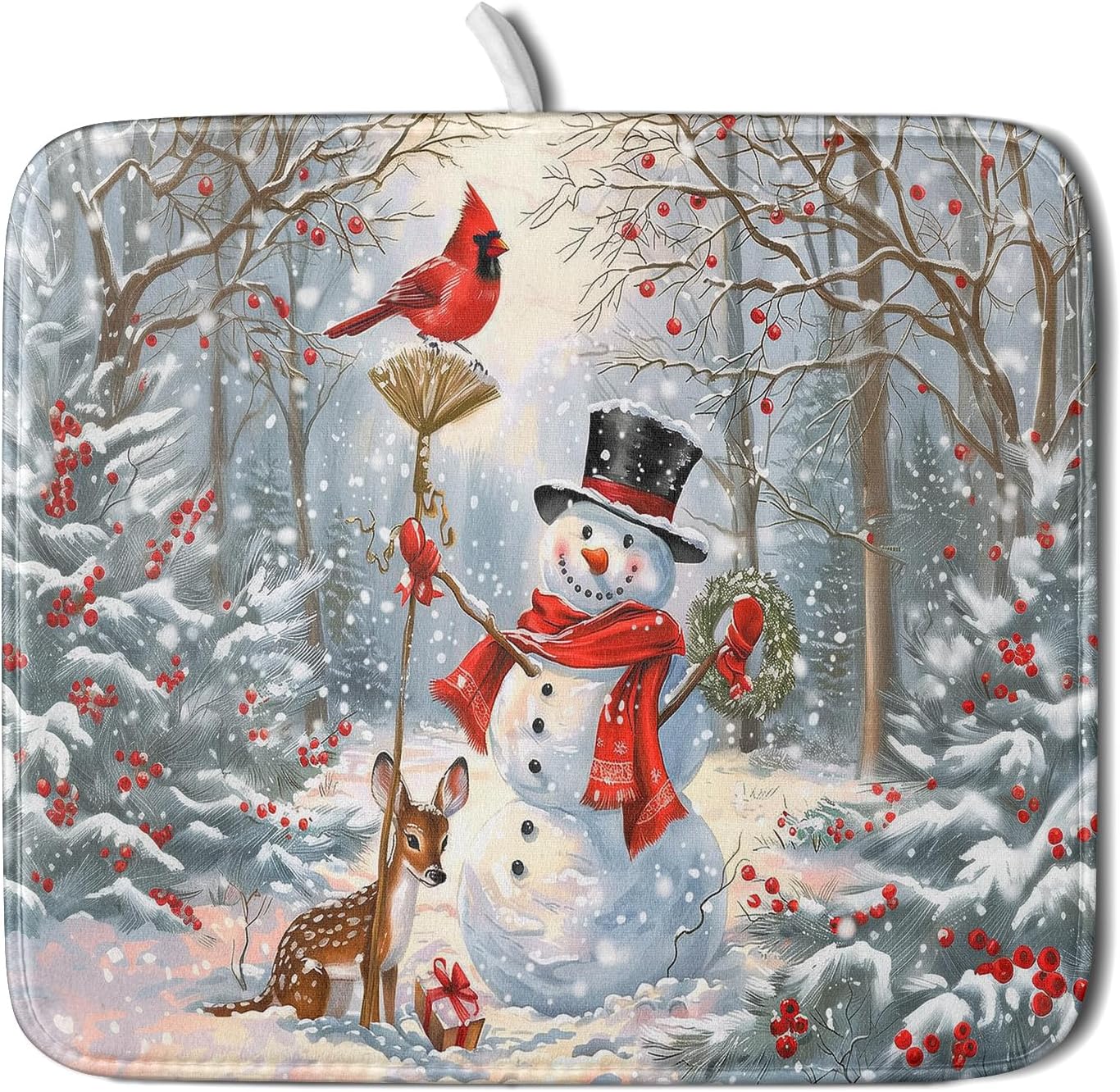 Winter Snowman Dish Drying Mat for Kitchen Counter Red Bird Berry Dishes Drainer Mats Holiday Microfiber Absorbent Dish Rack Pad 16x18 Inch