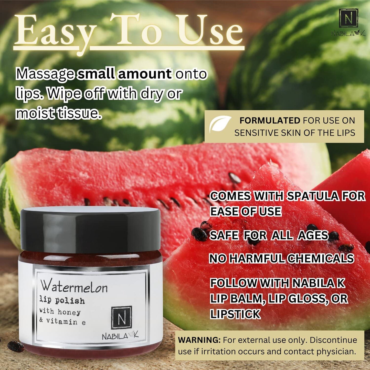 Nabila K Lip Polish with Honey and Vitamin E, Lip Scrub for the Holidays, Watermelon Sugar Scrub, 1 oz