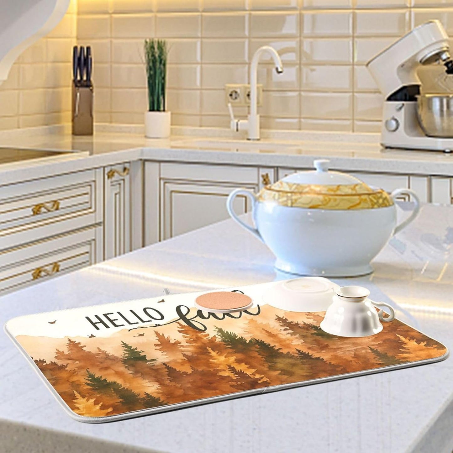 Hello Fall Forest Dish Drying Mat for Kitchen Countertop 16x18 Autumn Pine Tree Small Drying Mat Reusable Quick Dry Dish Sink Mats Easy Clean Decorative Essentials