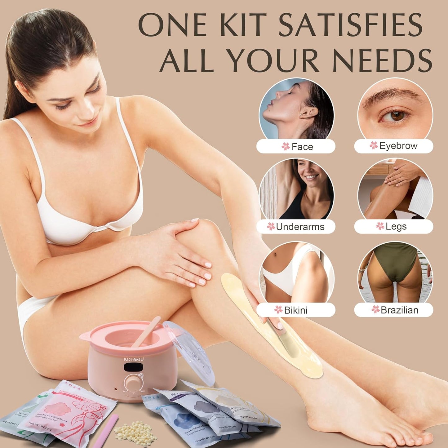 KOTAMU Wax Warmer, Waxing Kit for Women Men Hair Removal, Digital Waxing Machine for Face Eyebrow Bikini Brazilian Leg Body &Sensitive Skin, Pink Wax Kit With 44 Accessories for Home Salon Use