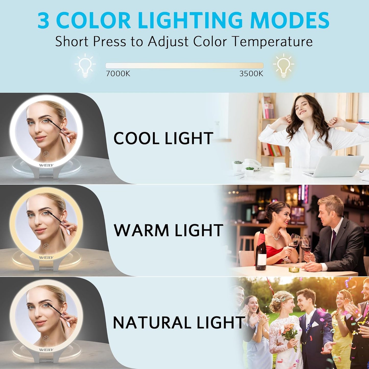 WEILY Magnifying Mirror with Light, 10X/1X Magnification Double-Sided Travel Makeup Mirror, with 3 Color Lights, Touch Control, Rechargeable Portable Mirrors for Bedroom, Bathroom (White)