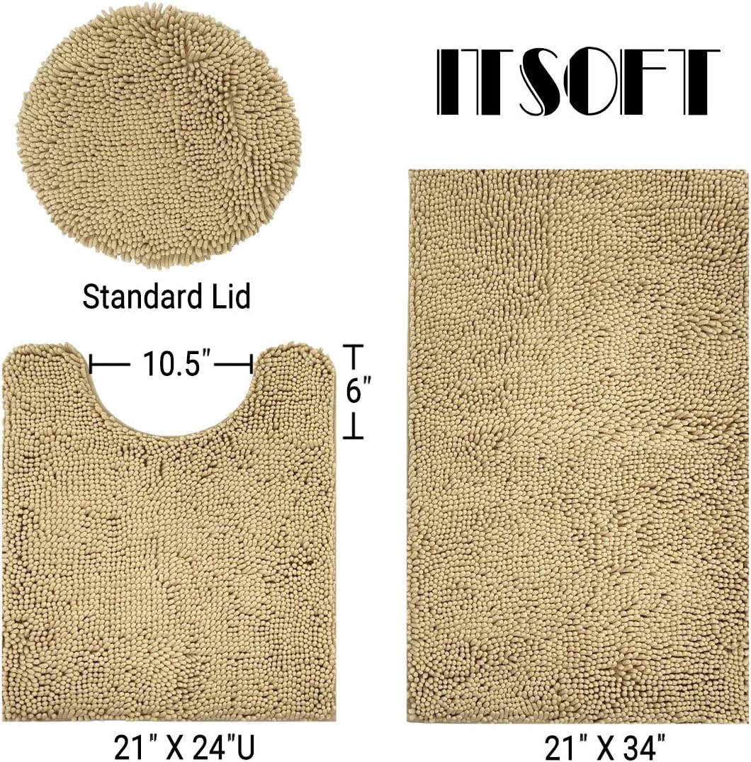 ITSOFT 3pc Non-Slip Shaggy Chenille Bathroom Mat Set, Includes 24 x 21 Inches U-Shaped Contour Toilet Rug, 34 x 21 Inches Bathmat and 1 Toilet Lid Cover, Beige