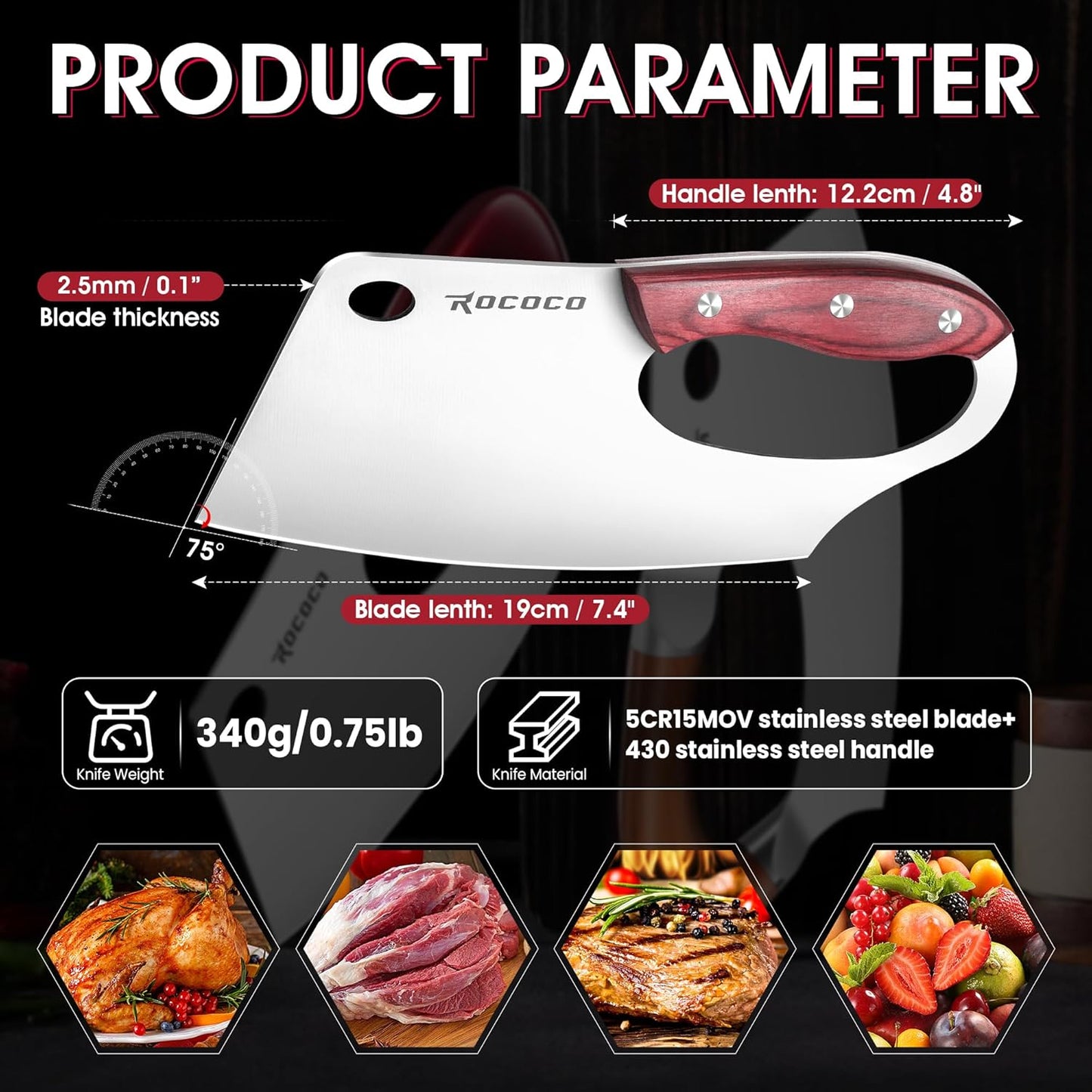 ROCOCO Meat Cleaver Knife Unique Effort Saving Professional Stainless Steel Kitchen Chef Cooking Knives for Cutting Meat Vegetable Thanksgiving Christmas Gift Red Full Tang 7.48"