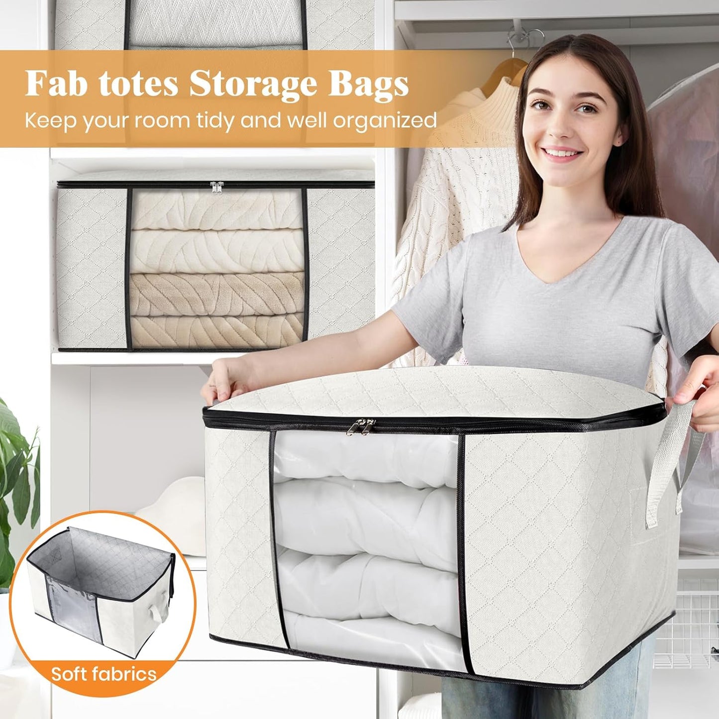 Fab totes 4 Pack Clothes Storage, Foldable Thick Fabric Blanket Storage Bags, Containers for Organizing Bedroom, Closet, Clothing, Comforter, Organization with Handle,Ivory White