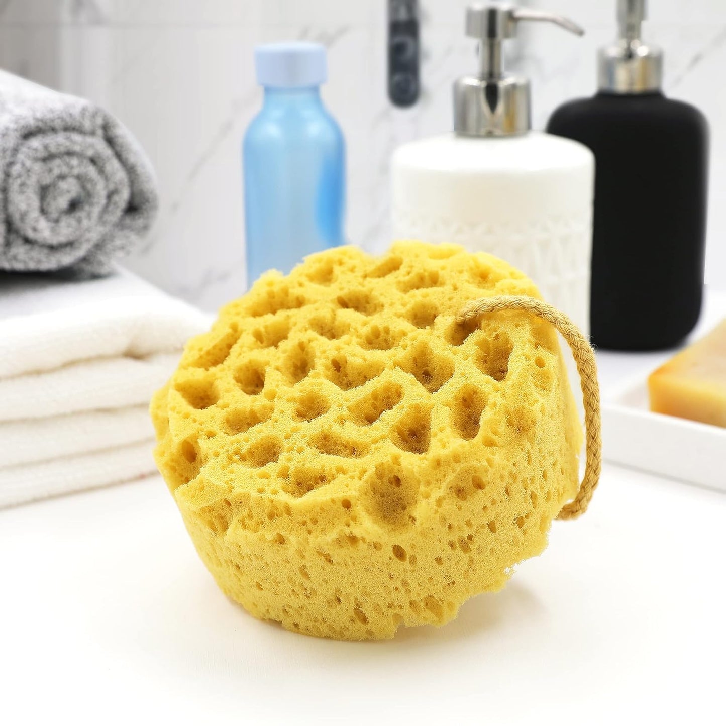 myHomeBody Bath Sponge, Foam Loofah, Body Scrubber for Bathing, Exfoliating Shower Pouf for Shower - Large Size, Lots of Lather, Round, 3 Pack