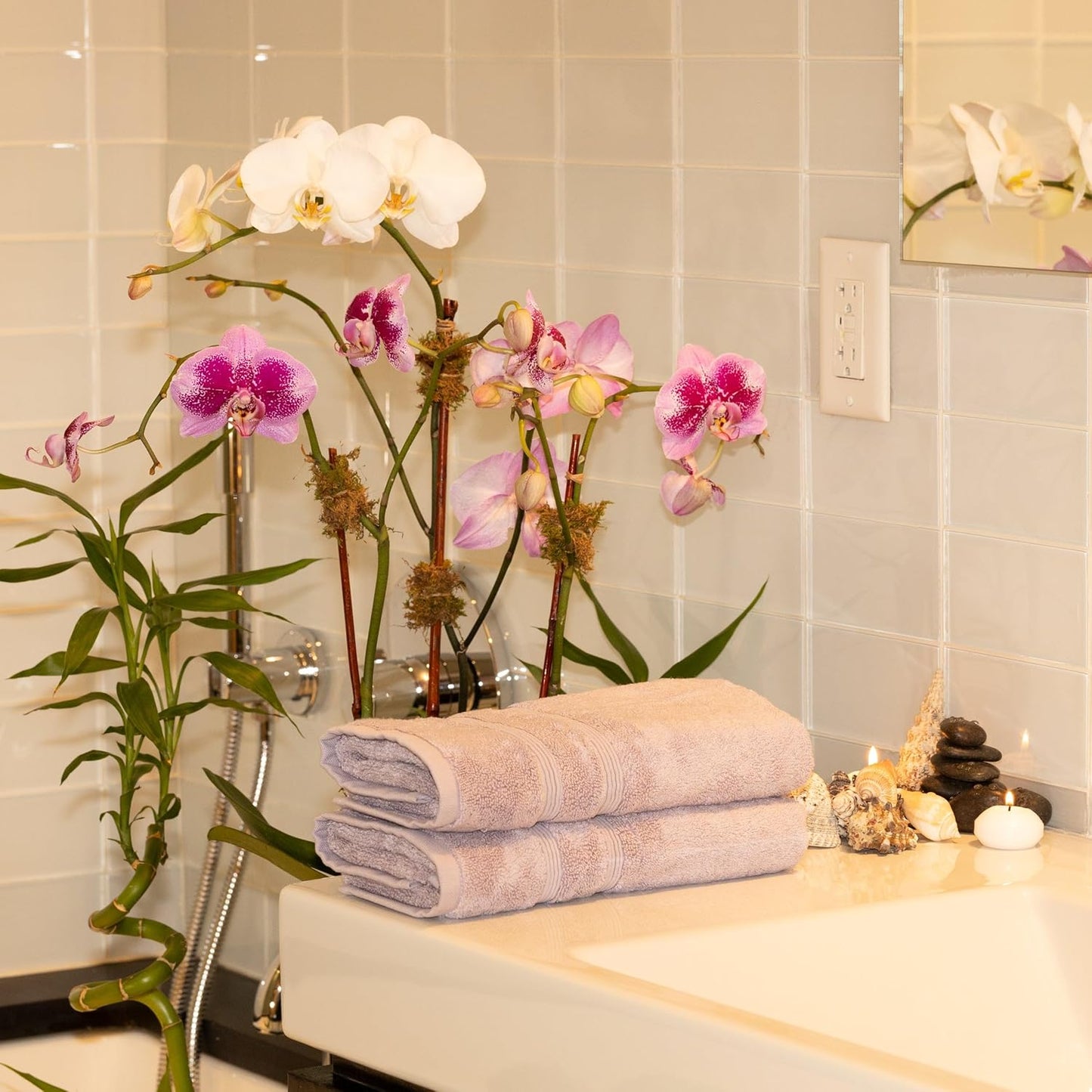 Mosobam Luxury Turkish Set of 12 Hand Towels 16X30 Lavender Aura 700 GSM Bamboo Viscose & Aegean Turkish Combed Cotton