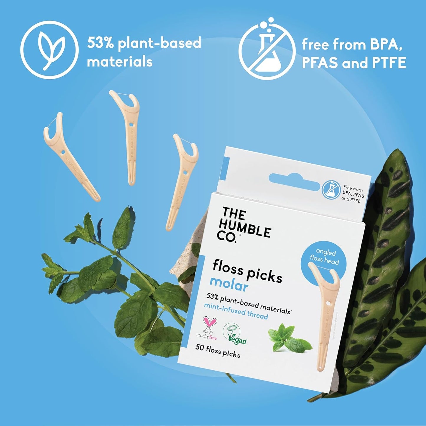 The Humble Co. Floss Picks (200 Count) – Plant Based Dental Floss Picks with Grip Handle for Superior Oral Care, Dental Hygiene, and Gum Health, Cruelty Free Tooth Floss Picks (Mint)