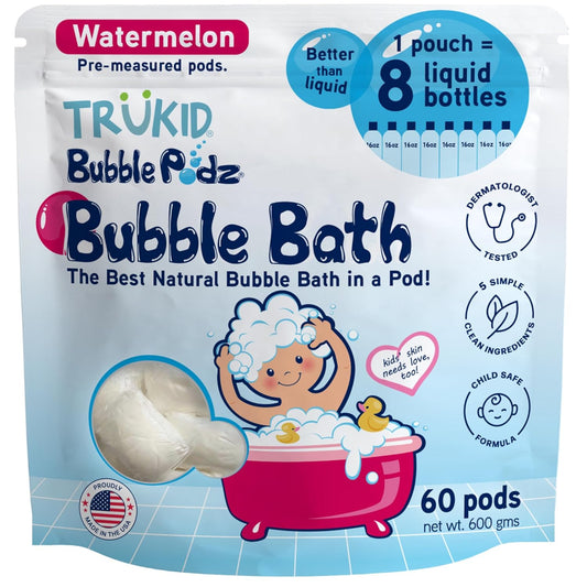 TruKid Bubble Podz Bubble Bath for Kids, Toddlers, & Babies, Tear Free Gentle & Refreshing Bath Bomb for Sensitive Skin with Natural Moisturizers, Non-Toxic, pH Balanced, Watermelon Scent (60 Podz)