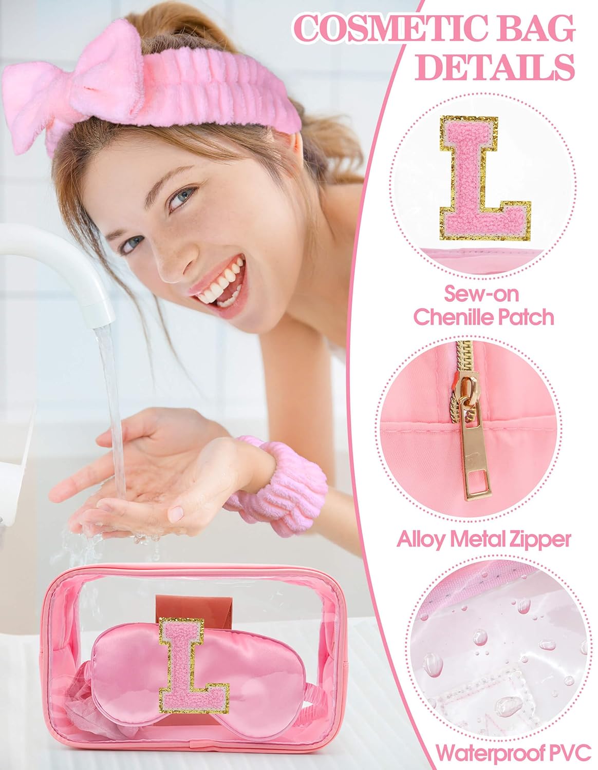 Gift Sets for Women, Initial Makeup Bag with Makeup Brush Set Bachelorette Party Favors, Pink Spa Kit with Skincare Headbands Wrist Bands Sleepover Party Supplies Gifts for Teen Girls Bridesmaid L