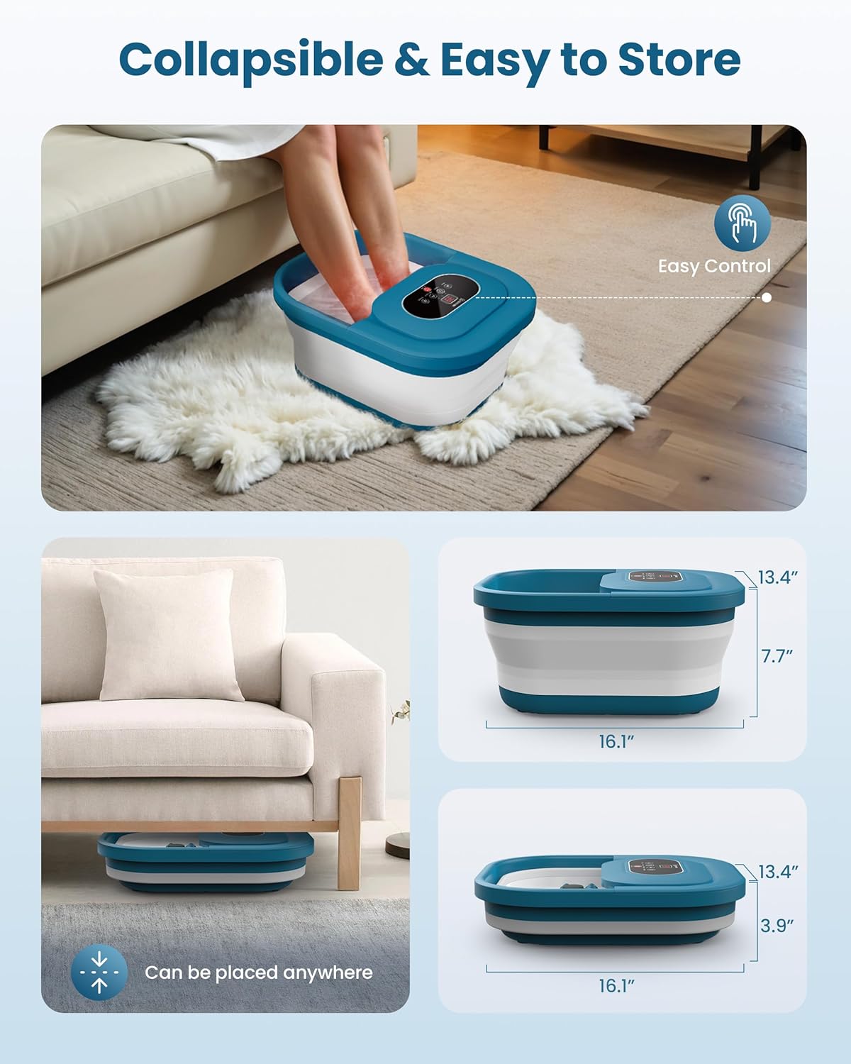 COMFIER Collapsible Foot Spa Bath Massager with Heat, Pedicure Foot Spa with Bubbles, Red Light, Pumice Stone and Shiatsu Massage Rollers, Heated Bath Spa for Relaxation and Stress Relief (Blue)