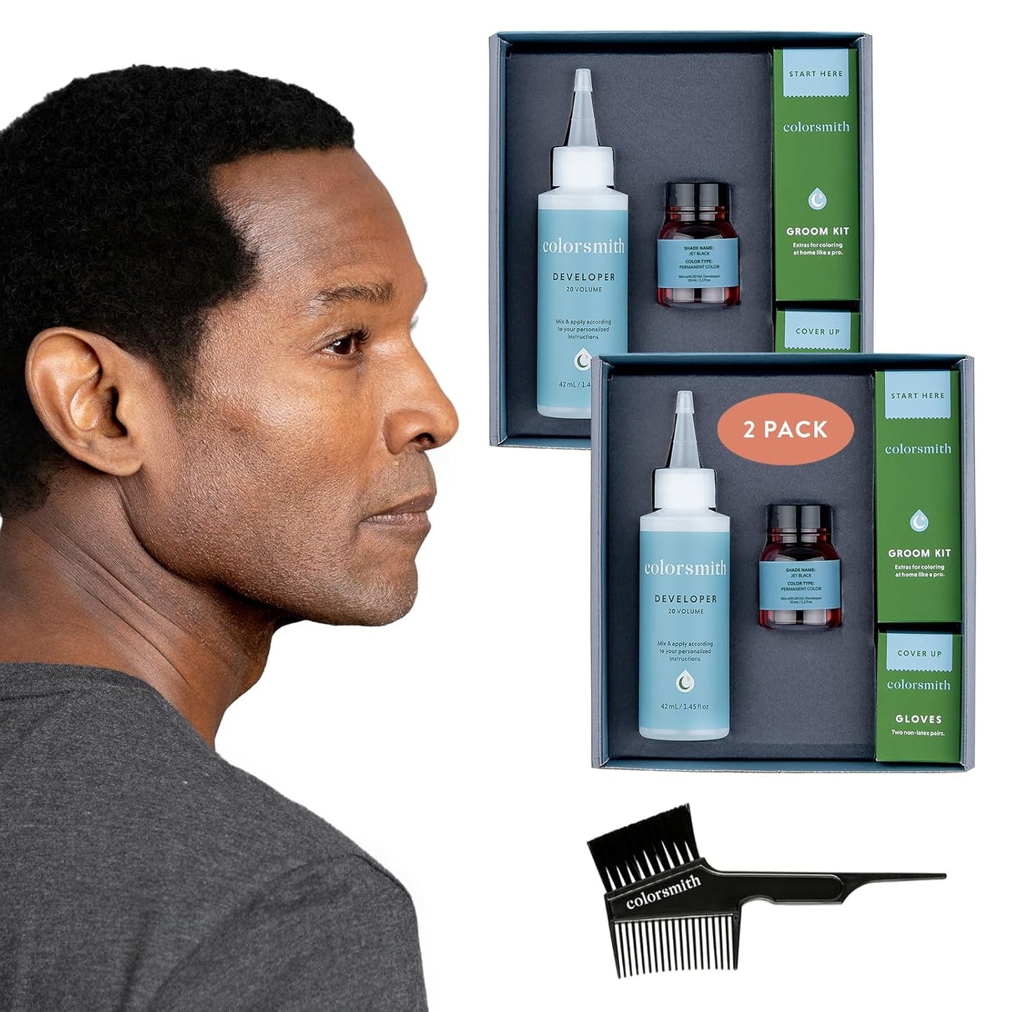 Hair & Beard Color for Full Gray Coverage 2 pack, Ammonia-Free Complete Men’s At-home Beard & Hair Dye Kit, Professional-grade Permanent Hair Color (Jet Black 1.0)