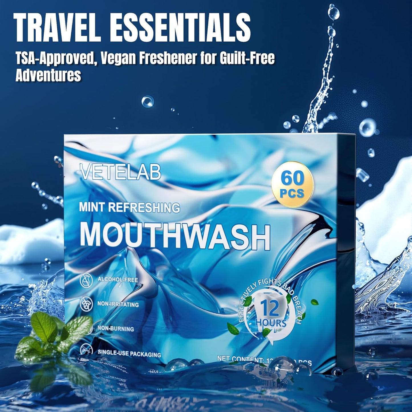 Portable Travel Size Mouthwash Packets - TSA-Approved Mini Mint Mouthwash for Adults, Alcohol & Fluoride-Free Oral Care for Air Travel, Dates & Office, 60 Individually Wrapped 0.4oz Packs