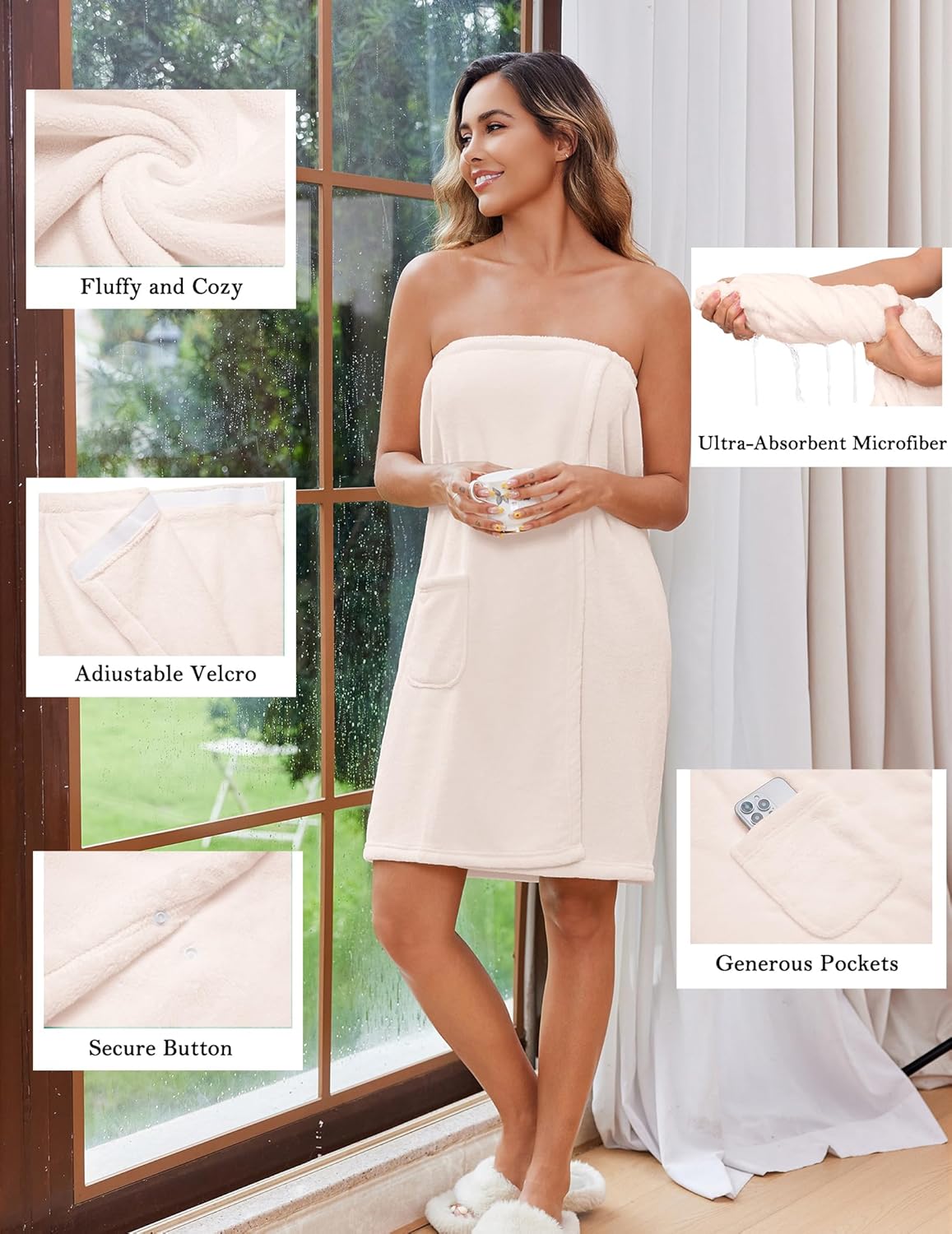 Ekouaer Women's Plush Towel Wrap Soft Lightweight Shower Wrap Absorbent Spa Body Wrap Bath Robe with Velcro S-L