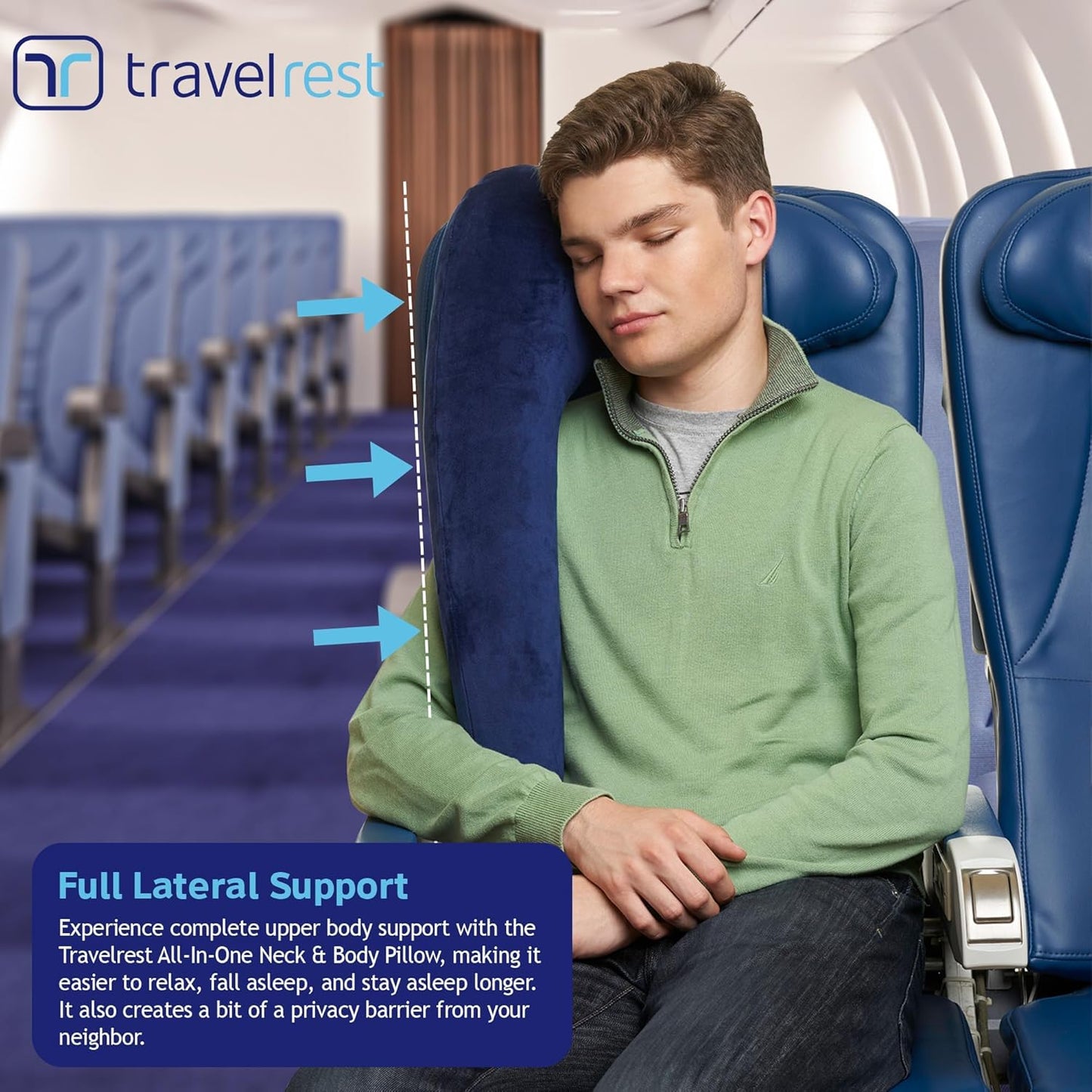 TRAVELREST All-in-One Neck & Body Pillow - Advanced Support and Comfort Design, Travel Essentials, Memory Foam, Inflatable, Airplane & Car Seat, Sleeping on Long Flight & Trips, Travel Pillow - Blue