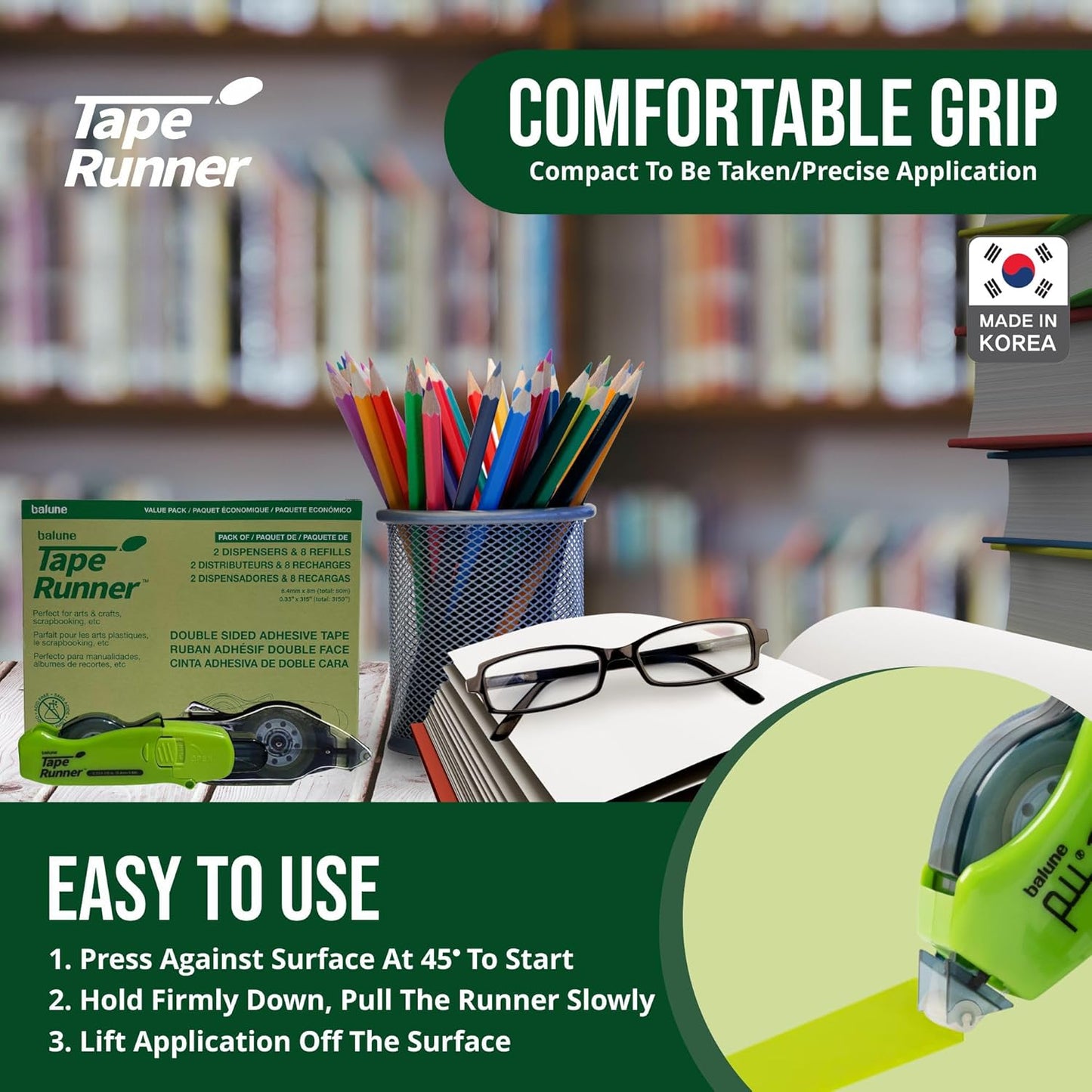 Double Sided Tape with Retractable Dispenser Roller - Permanent, Acid Free, Transparent - 2 Runners & 8 Refill Cartridges - Ideal Scrapbook Supplies & Scrapbooking Supplies Kit - 315 Inches Each