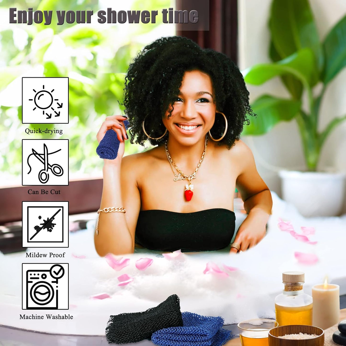 African Net Sponge, 2 Pieces Exfoliating Premium Nylon Bathing/Wash Net for Daily Back Body Scrub Scrubber Shower Net (Black, Blue) …
