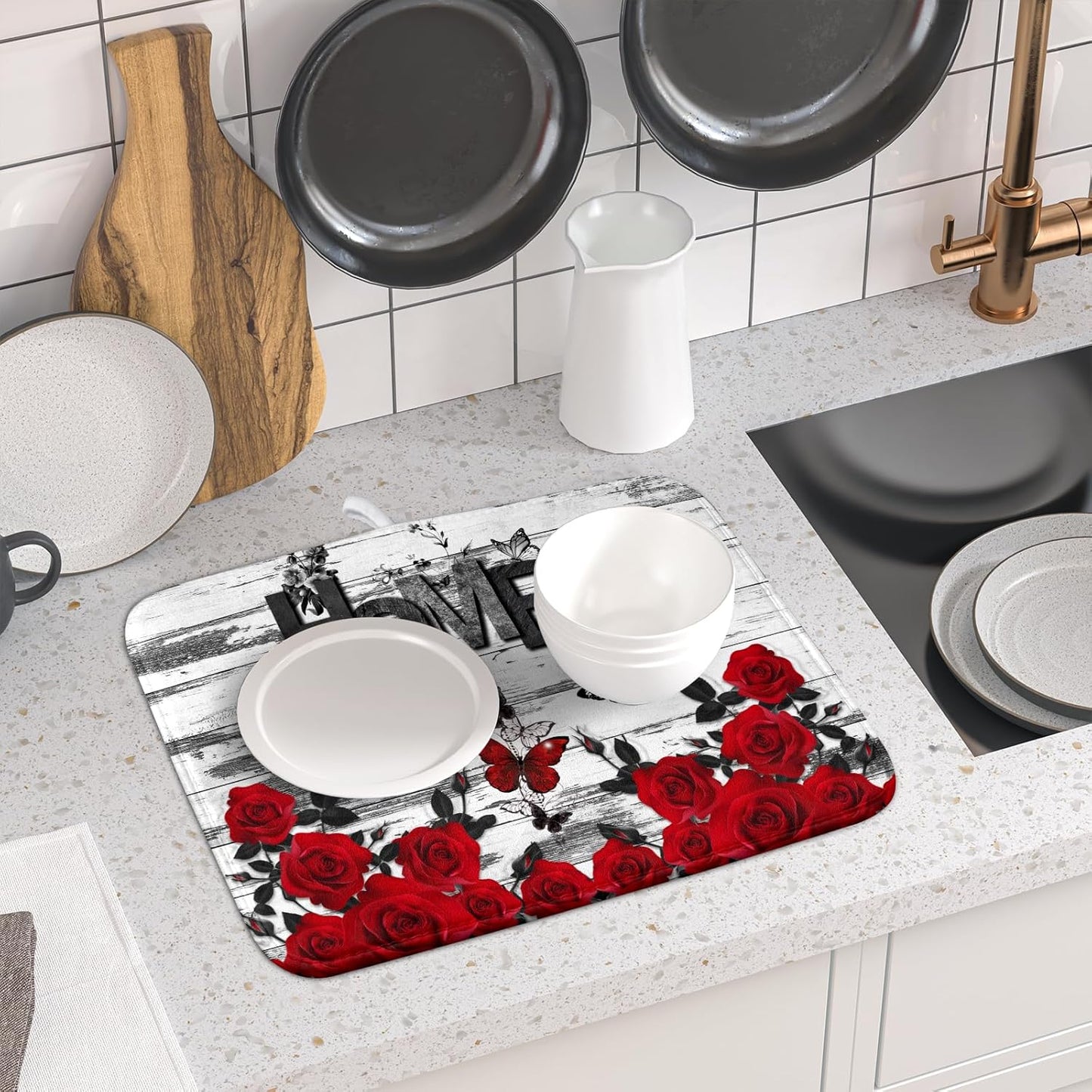 Red Rose Dish Drying Mat 16x18 inch Romantic Floral Absorbent Microfiber Sink Counter Dishware Drainer Pad for Kitchen Coffee Bar Decor