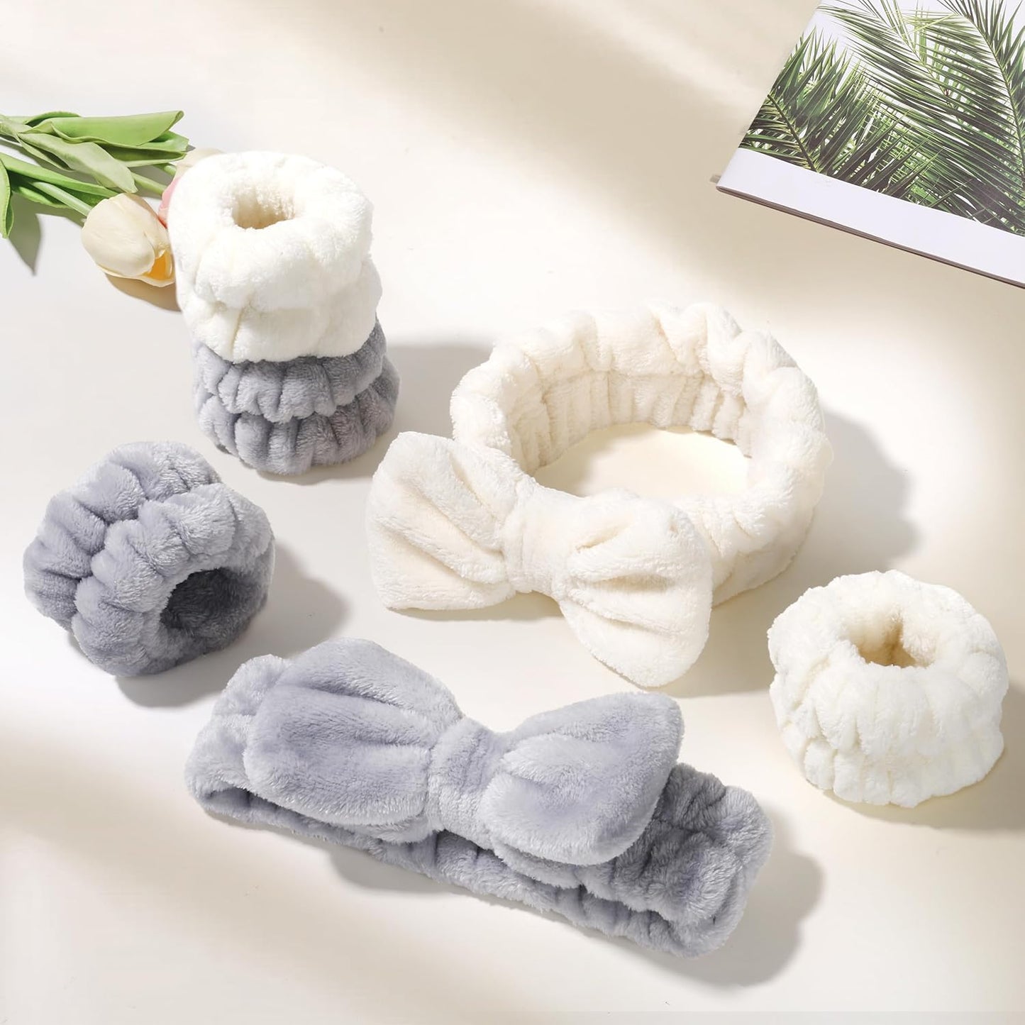 6 Pcs Spa Headband and Wristbands,Coral Fleece Makeup Cosmetic Headband for Washing Face, Bow Headbands for Shower Terry Cloth Headbands for Women Facial Hair Band