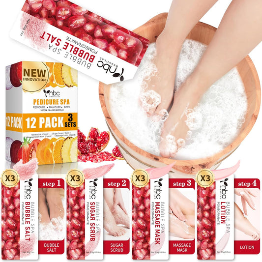Pedicure Kit Foot Soak Set: Bubble Salt, Sugar Scrub, Massage Mask, Massage Lotion in a Box, 4 Step Foot Spa Kit for Dry Feet,Tired Feet(3 Set Pomegranate)