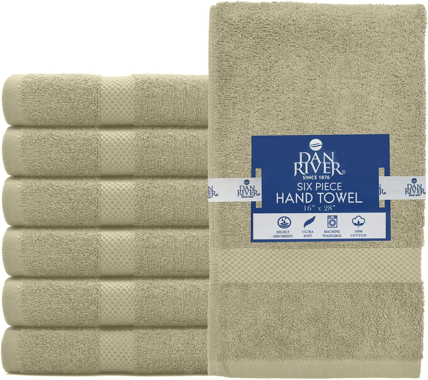 DAN RIVER 6-Pack Premium Hand Towels (16x28 Inches) - 100% Cotton, Ultra Soft, Lightweight, Highly Absorbent Towels for Bathroom, Spa, Gym, Salon, Hotel, and Travel - 550 GSM โ Beige