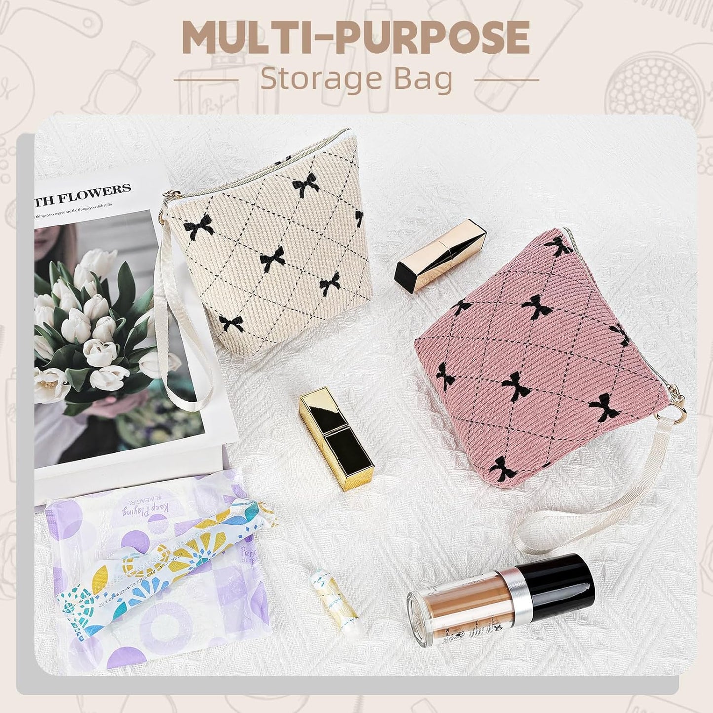 Bow Period Bag for Teen Girls, Corduroy Cute Sanitary Napkin Storage Bag with Wristlet, Menstrual Pad Pouch Tampon Holder for Backpack (Beige)