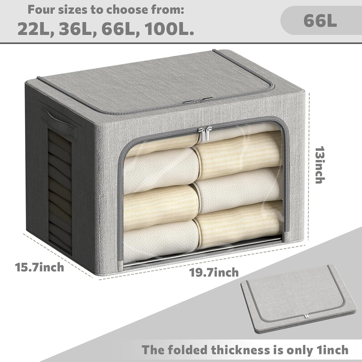 FHSQX 6 Pack Clothes Storage Bins with Metal Frame Foldable Storage Bins for Clothes Linen Fabric Storage Box with Clear Window (Light Grey, 19.7x15.7x13inch(66L))
