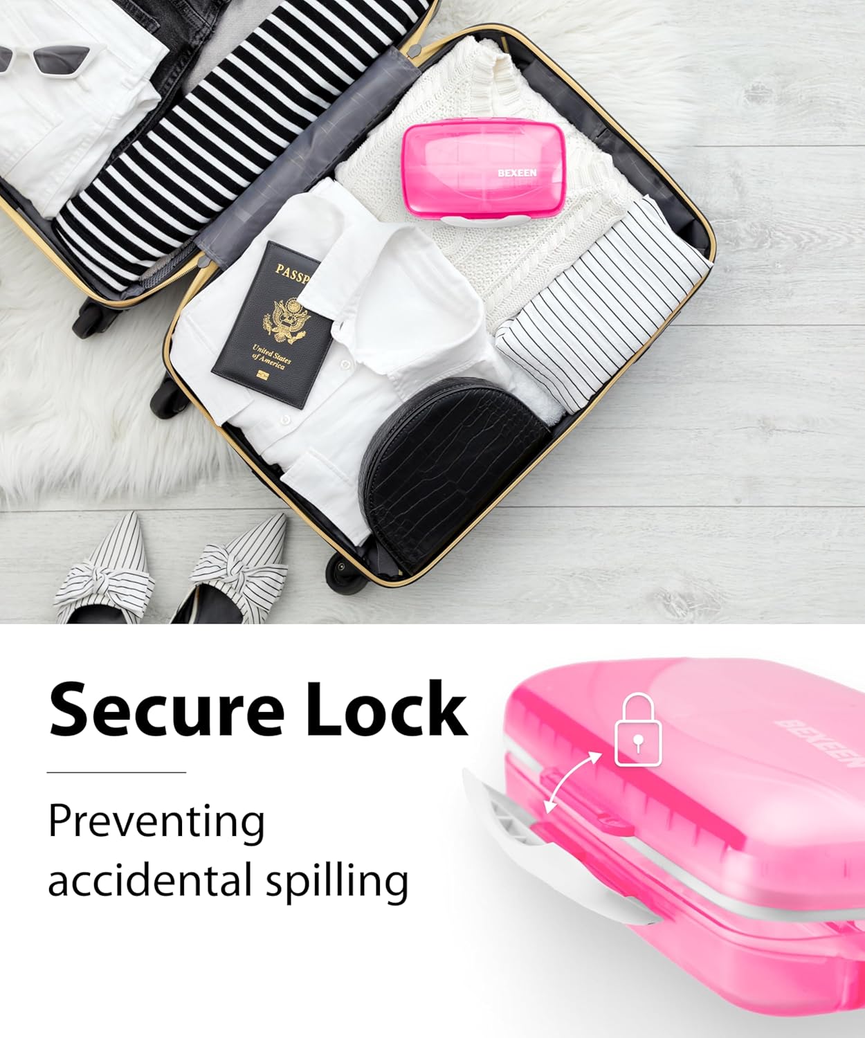 Travel Pill Organizer - Airtight Medicine Case for Traveling Portable Pharmacy Box with Labels Vitamin Container 8 Compartment Supplement Medication Holder Large Capacity Daily (Pink)