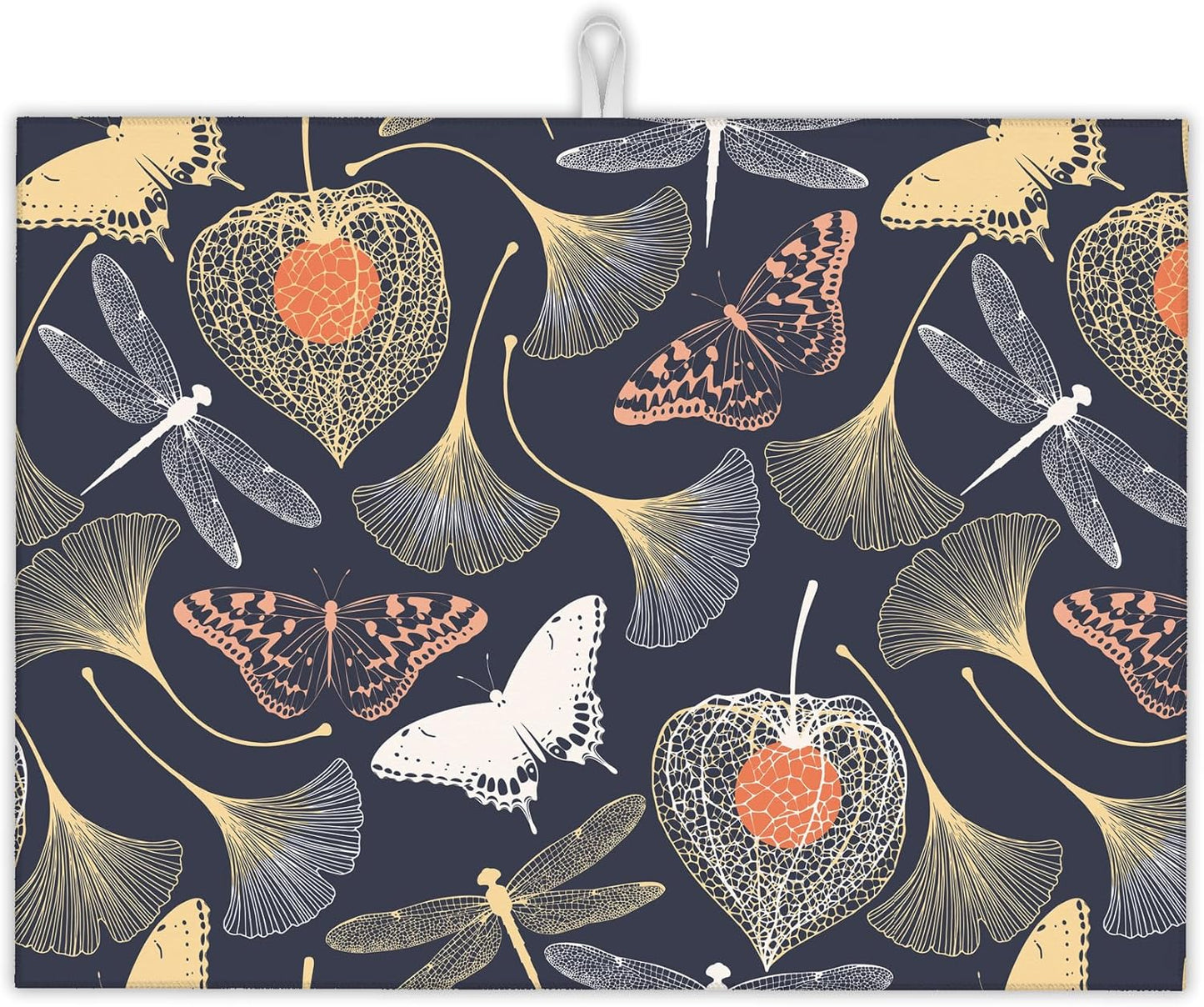Ginkgo Leaves Dish Drying Rack Mat for Kitchen Counter,Dragonfly Butterfly Dish Drying Pad Absorbent Reversible Microfiber Protector for Coffee Bar Sink Countertops 18x24 Inch