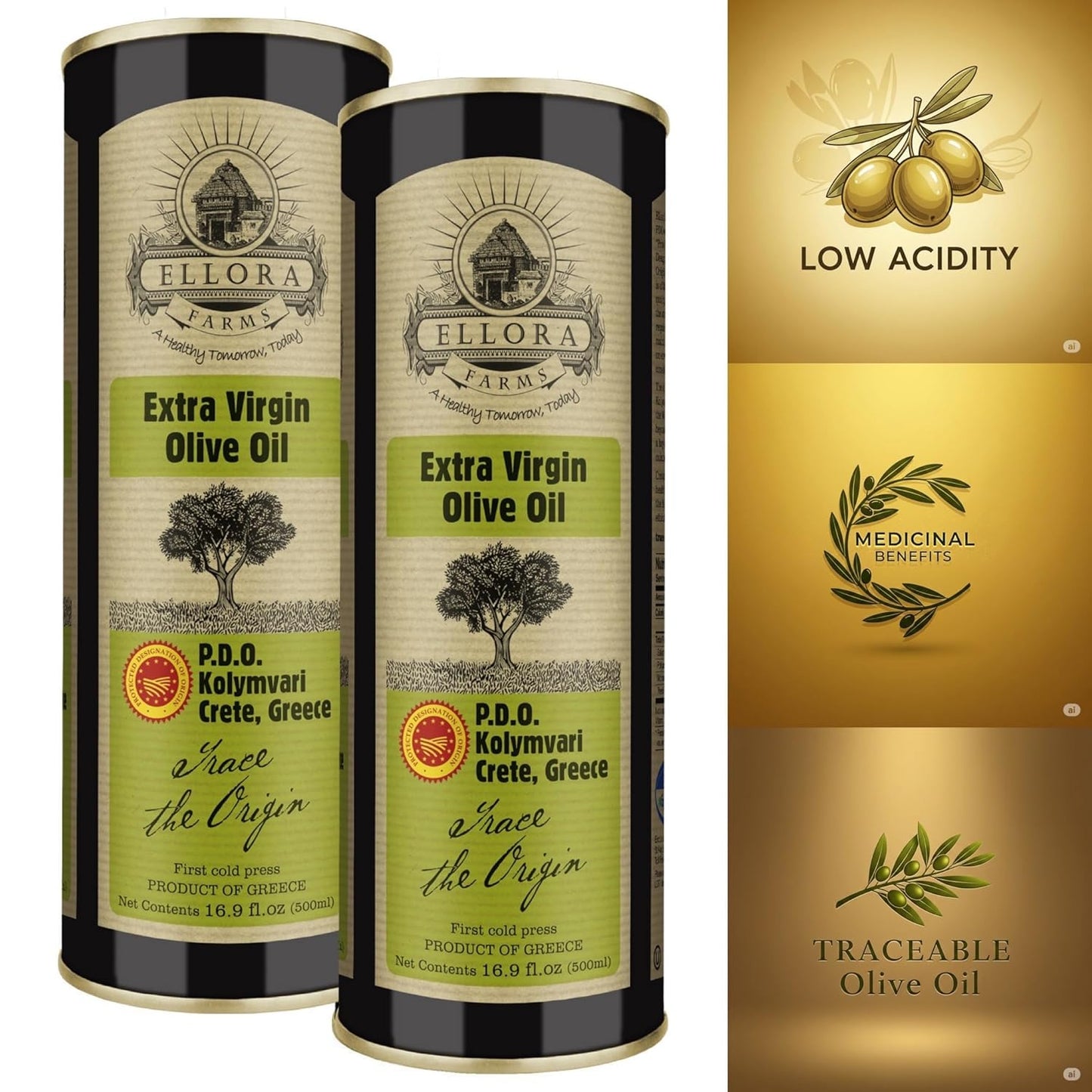Ellora Farms, Single Estate Extra Virgin Olive Oil, PDO Crete, Greece, Traceable Olive oil, Kosher, 17 oz. Tin, Pack of 2