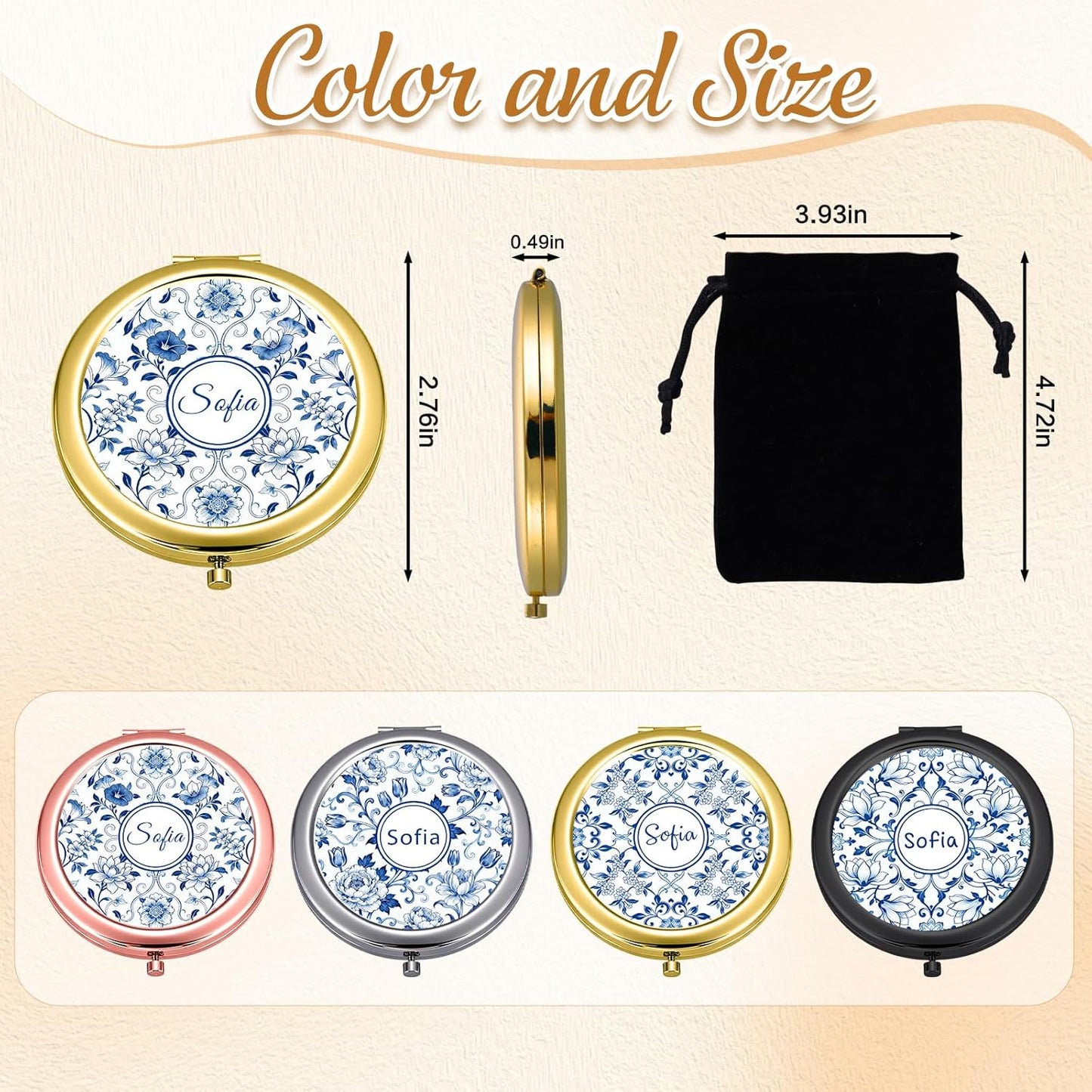 Custom Compact Mirror with Name - Personalized Flip Makeup Travel Pocket Mirror Gift for Women Bridesmaids Wedding Birthday (Blue Flower Line)