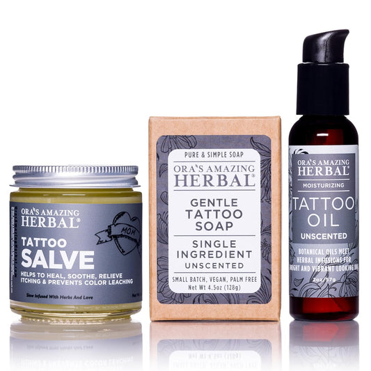 Ora's Amazing Herbal All The Tattoo Aftercare Set, Tattoo Salve, Oil & Soap, Natural Tattoo Aftercare Set, Balm, Moisturizer, Made in the USA