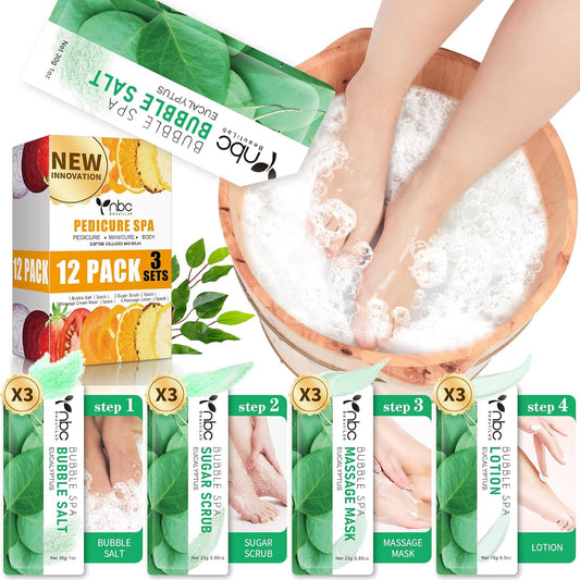 Pedicure Kit Foot Soak Set: Bubble Salt, Sugar Scrub, Massage Mask, Massage Lotion in a Box, 4 Step Foot Spa Kit for Dry Feet,Tired Feet(3 Set Eucalyptus)