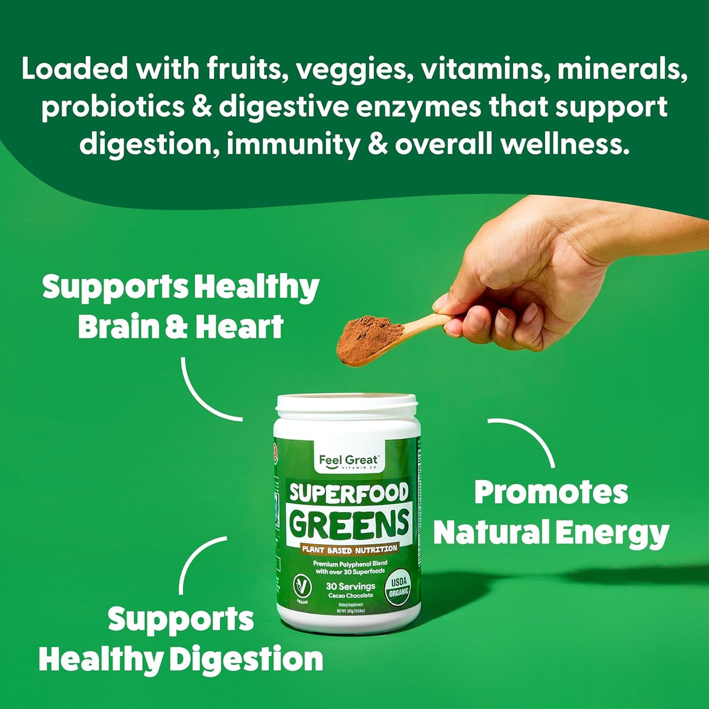 Feel Great Organic Superfood Greens Powder - Cocoa Chocolate | Fruit & Vegetable Supplement | Over 20 Greens, Fruits & Veggies, Fiber, Probiotics & Digestive Enzymes | 30 Servings