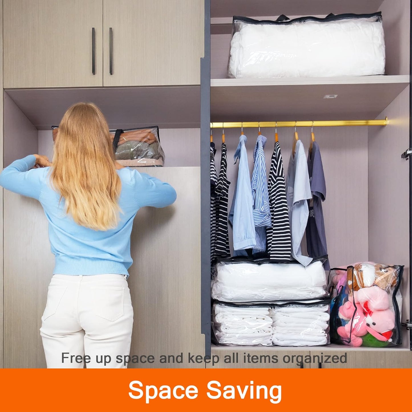 Vieshful 3 Pack Clear Clothes Storage Bag, 40L Plastic Blanket Storage Bag with Zipper, Foldable Closet Organizer, Moving bags for Comforter, Blanket, Bedding, Duvet, Toys