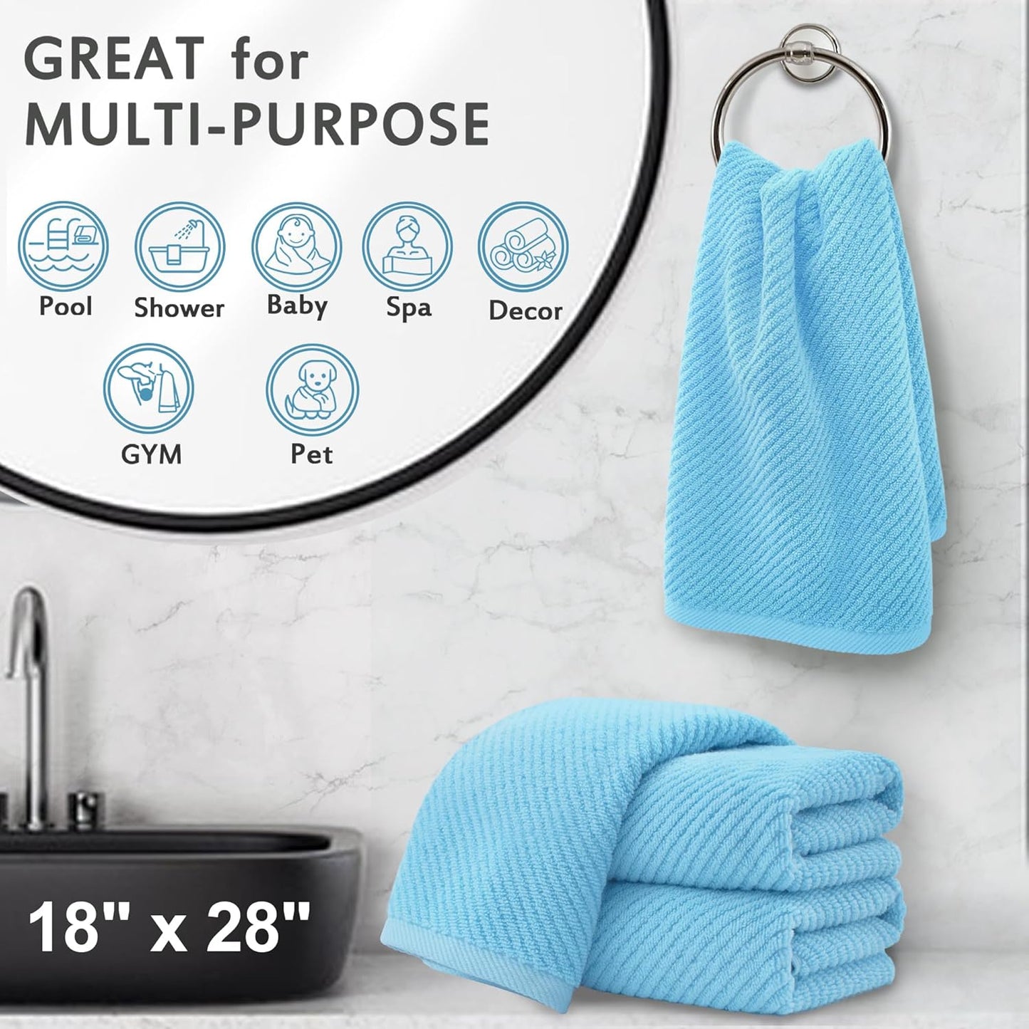 VOOVA & MOVAS Hand Towels for Bathroom Set of 4,Large 18"x 28" - 100% Cotton | Lightweight | Thick | Quick Dry | Soft | Absorbent, Bath Hand Towels, Bathroom Essentials, Blue