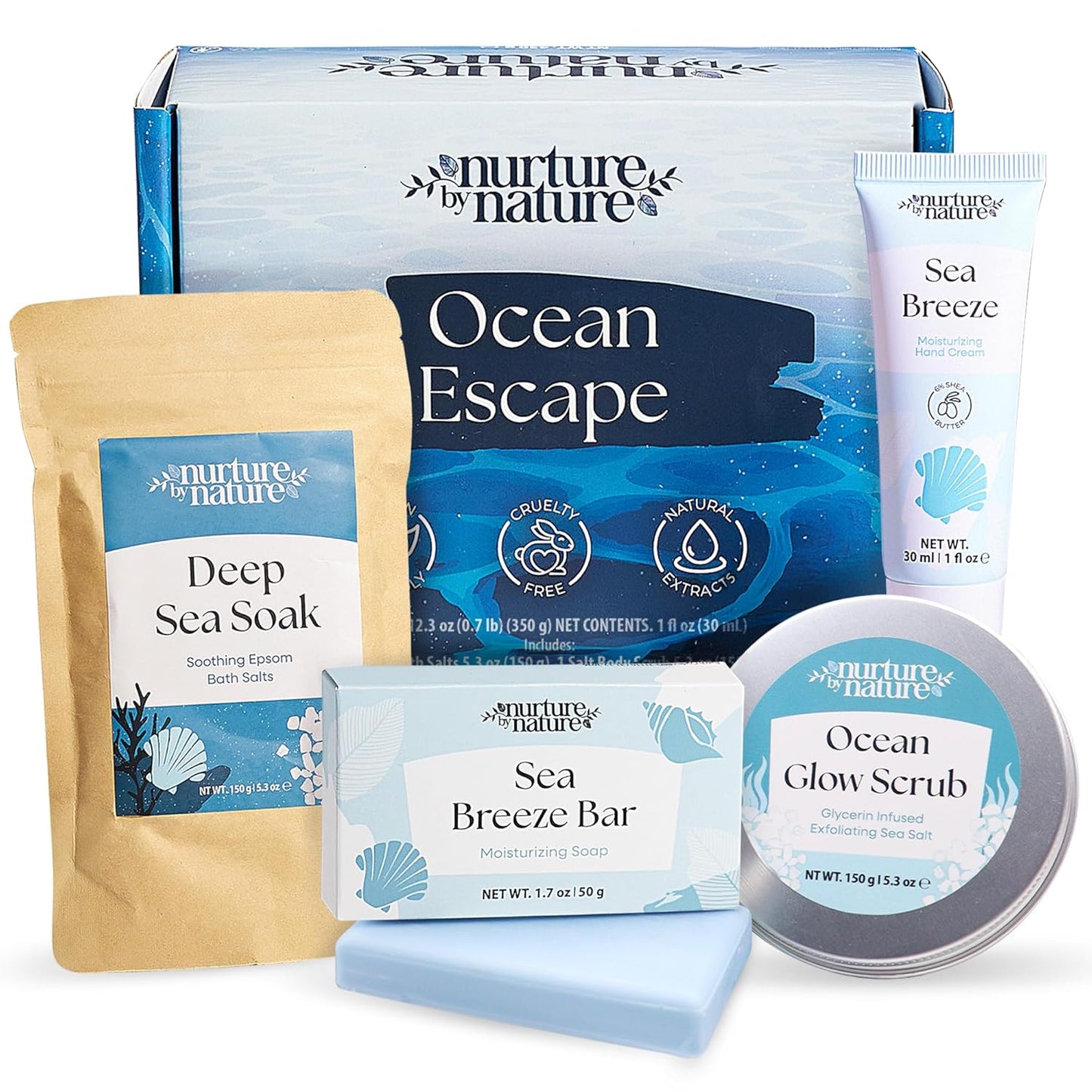 Nurture by Nature Ocean Escape Spa Gift Baskets for Women - 4 Piece Ocean Home Self Care Gift Set with Body Scrub, Bath Salts, Soap & Hand Cream - Pamper Gifts for Women Relax - Cruelty Free & Vegan