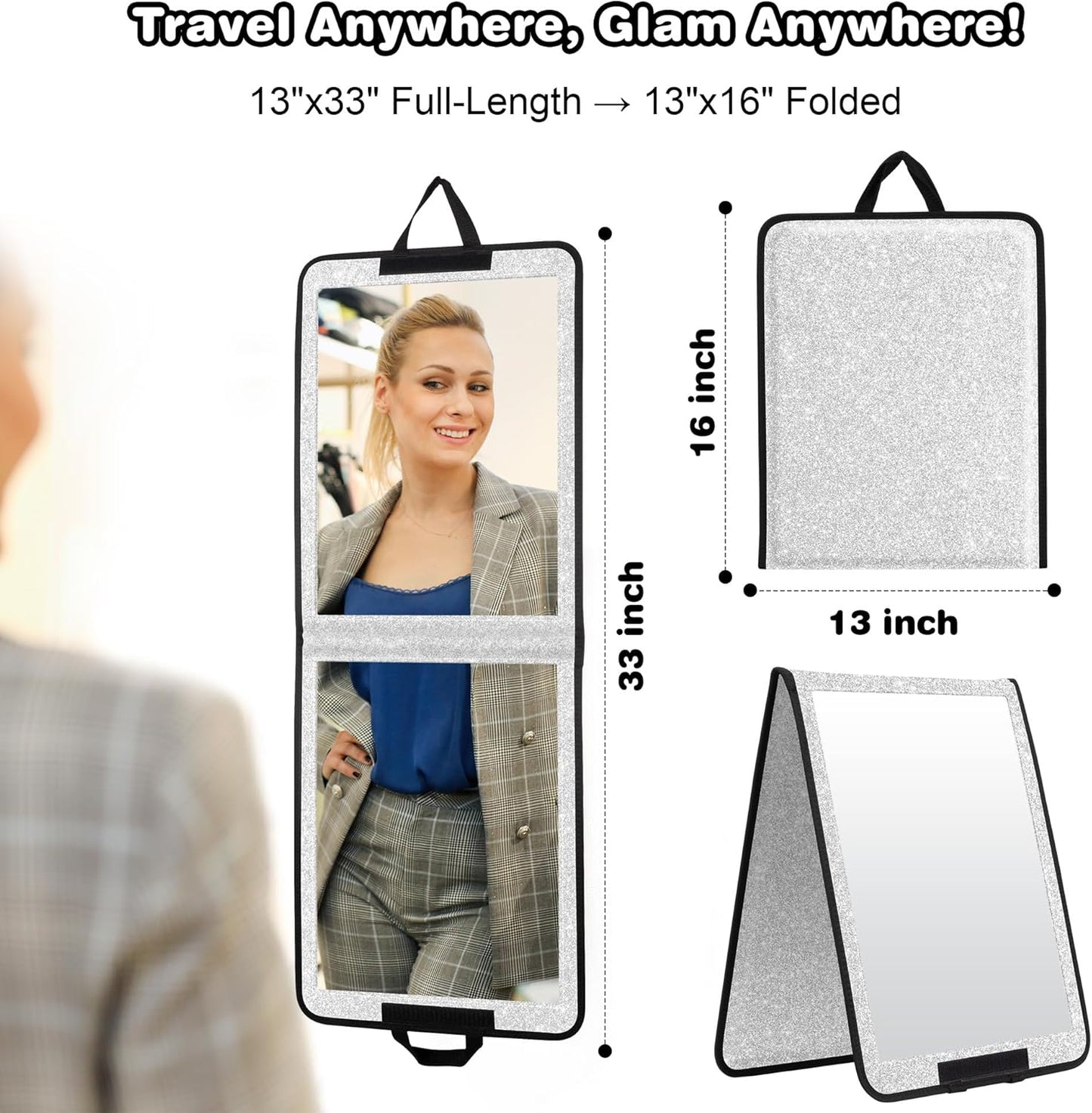 LPHUMEX Foldable Full Length Mirror Glitter Silver, 13x33 Portable Body Mirror for Travel, Dance, Festival Girls' Gift Choice