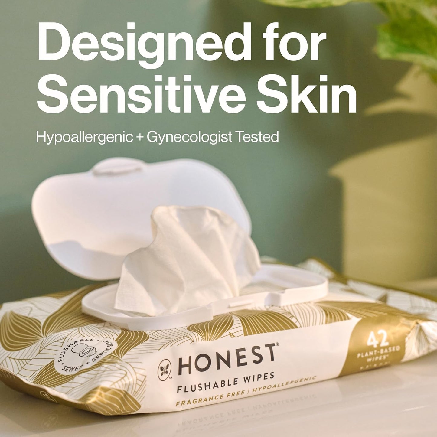 The Honest Company Flushable Wipes for Sensitive Skin | Fragrance Free, Hypoallergenic, 99% Water, Safe to Flush | pH Balanced Feminine Wipes | Gilded Wings, 126 Count