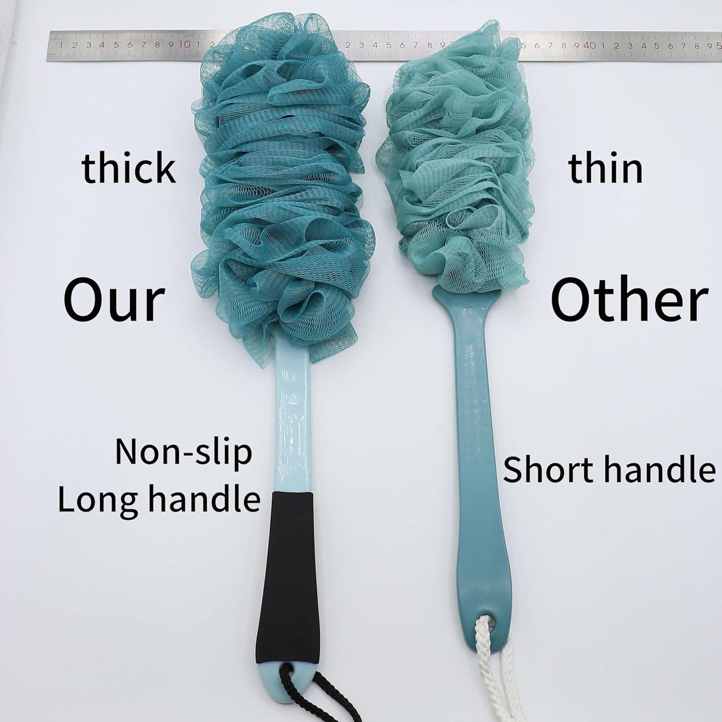 2Pack Back Scrubber for Shower, Loofah with Handle, Back Loofah Non-Slip Handle, Bath Body Brush, Scrub Cleaning Brush for Shower, Soft Mesh Sponge On a Stick for Men Women Elderly (Blue and White)