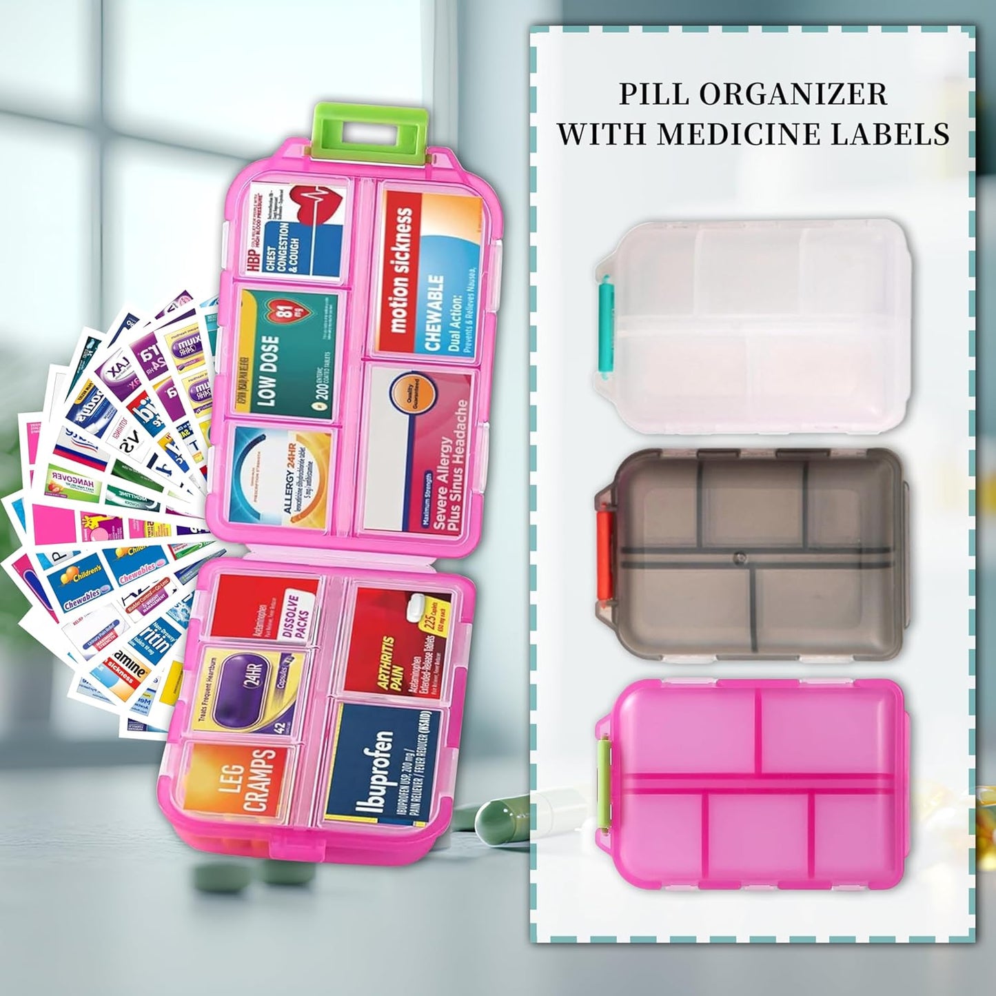 Pill Organizer with Medicine Labels, Travel Daily Pill Container, Mini Medication Organizer, 7-Day Pill Case, Set of 3 (Pink+White+Grey)