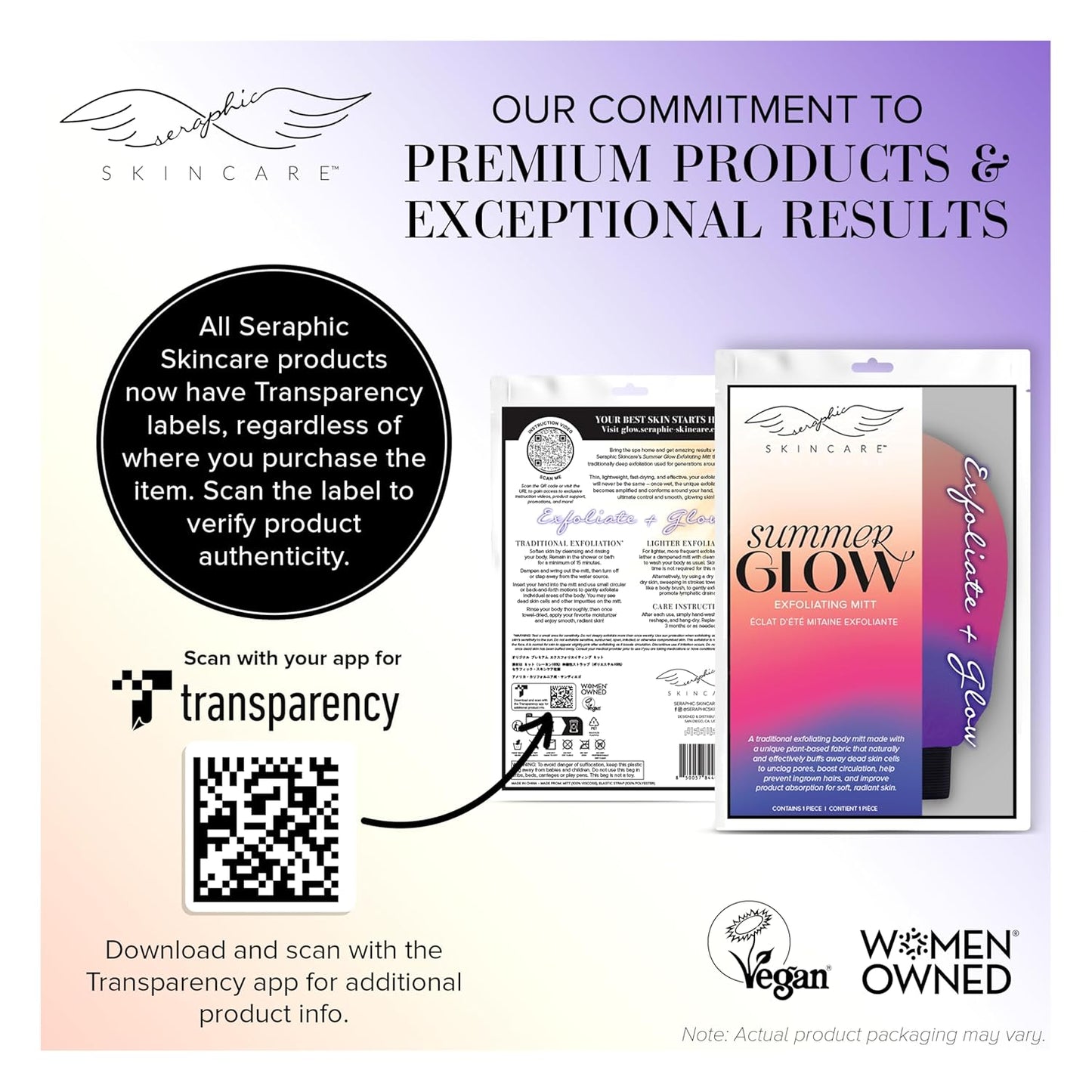 Seraphic Skincare (Summer Glow) Premium Exfoliating Mitt for Body 1pc– 100% Vegan Viscose Traditional Body Scrub Glove Kessa Korean Washcloth – Body Exfoliator for Self-Tan Removal & Keratosis Pilaris