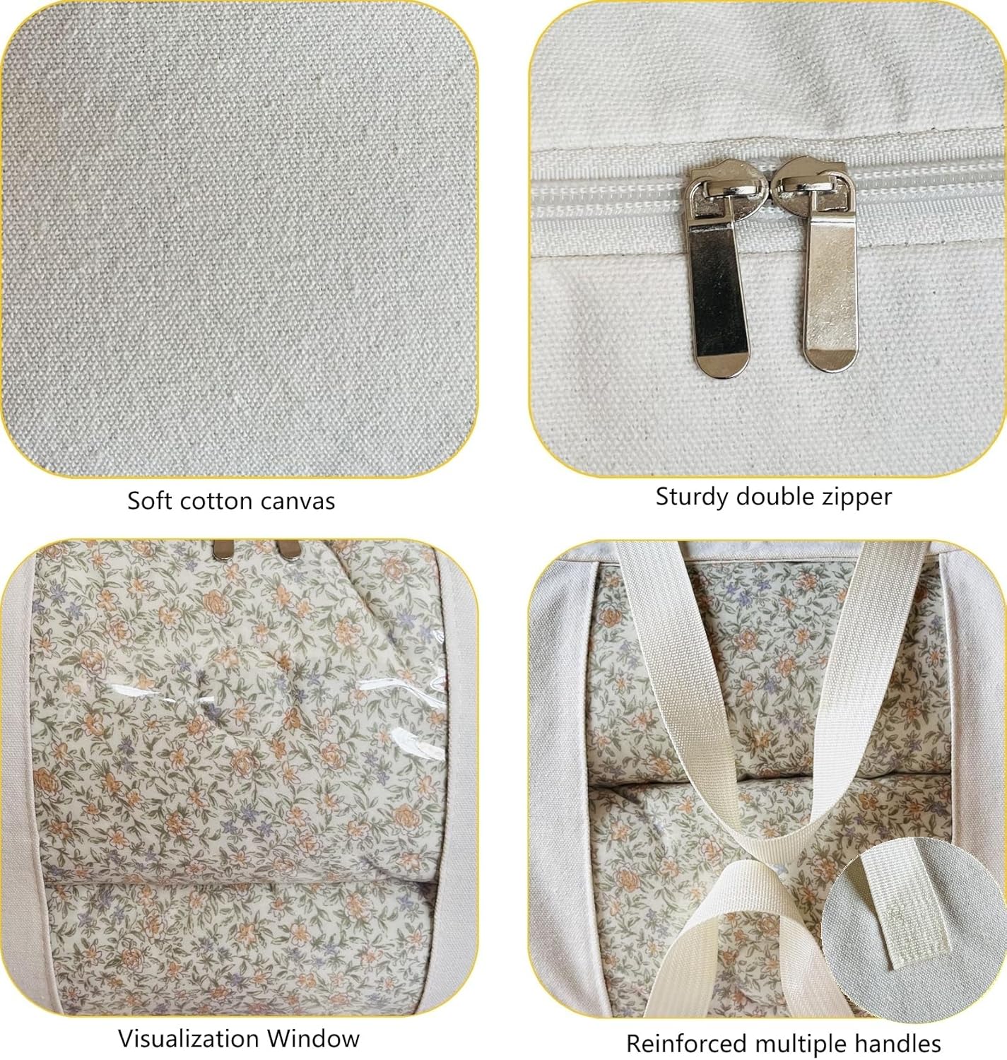 Soft Canvas Clothes Storage Bags with Four Carrying Handles and Clear Window, Closet Organizer for Clothing, Blankets Sheets Pillows and Bedding, 55L, 3 Pack, White