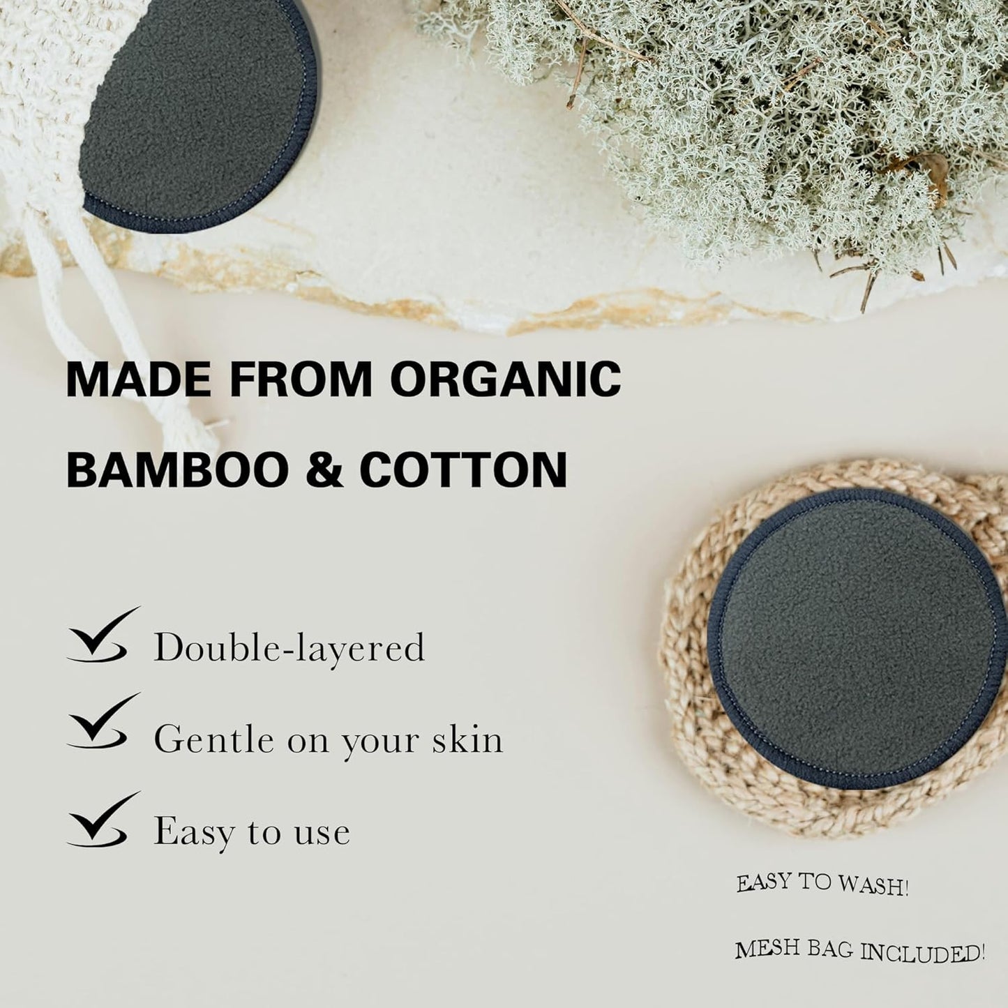 Reusable Bamboo Charcoal Makeup Remover Pads - 26 Packs Reusable Cotton Rounds with Cotton Bag | Organic, Zero Waste, Gentle for All Skin Types | Double-Sided Washable Bamboo Cotton Rounds