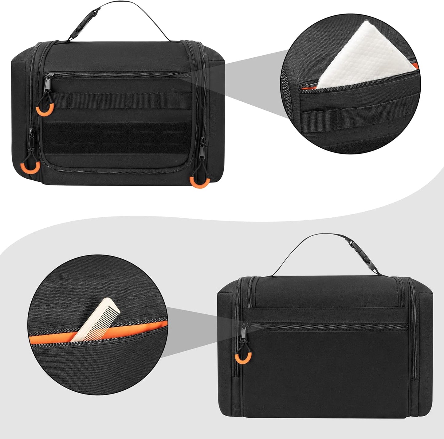 Tactical Toiletry Travel Bag for Men, Hanging Dopp Kit Hygiene Bag Shower Organizer with Hook for Toiletries and Shaving Care, Black (Empty Bag)