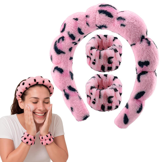 Spa Headband Wrist Band for washing face set Sponge Makeup Skincare Headband Wrist Towels Bubble Soft Terry Towel Cloth Hairband for Women Puffy Headwear Non Slip Thick Thin Hair Headwear (Leopard)