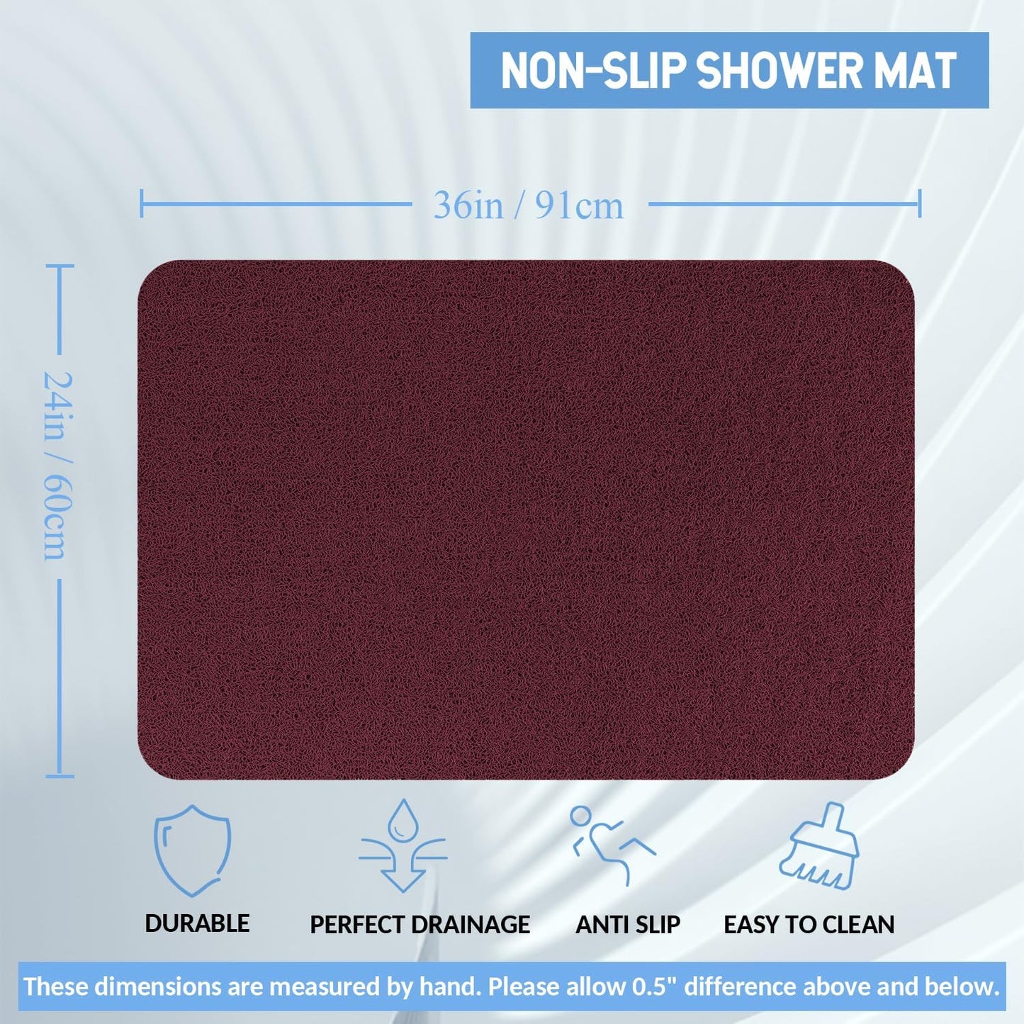 Non-Slip Bathtub Mat, Anti Slip Shower Mat, Fast Drying Bathtub Mats, Foot Scrubber Mat, Anti Slip Mat for Tub, Floor, Bathroom, Kitchen, Home, Hotel (Wine Red 36"×24")